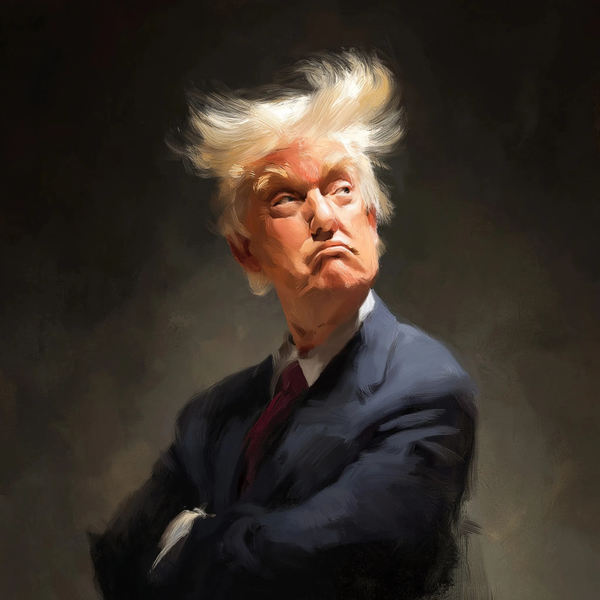 A satirical digital caricature illustration of Donald Trump with exaggerated features on a neutral background.