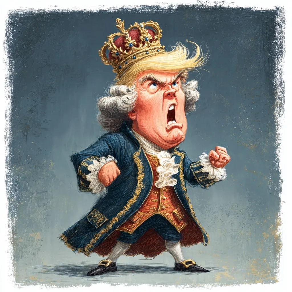 A wild-eyed Donald Trump caricature dressed as King George III wearing a crown, depicted with an angry expression.
