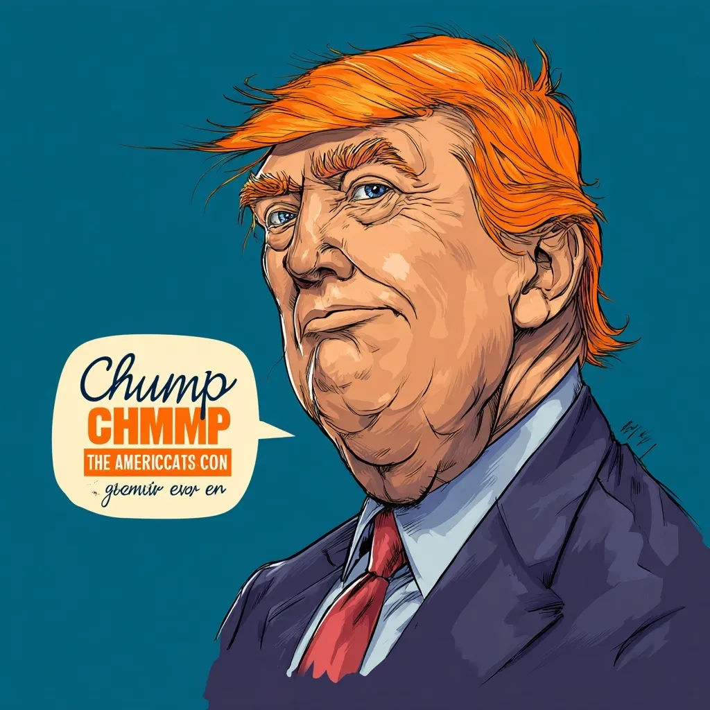 A satirical caricature of an elderly man with orange hair featuring the text caption Chump the greatest ameri CON.