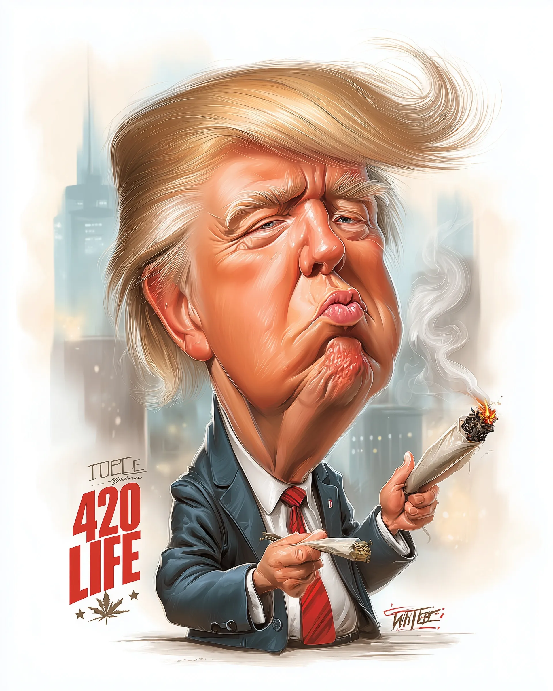 A 60s style ink caricature of Donald Trump smoking a blunt with the bold text 420 LIFE, artistic political graphic.