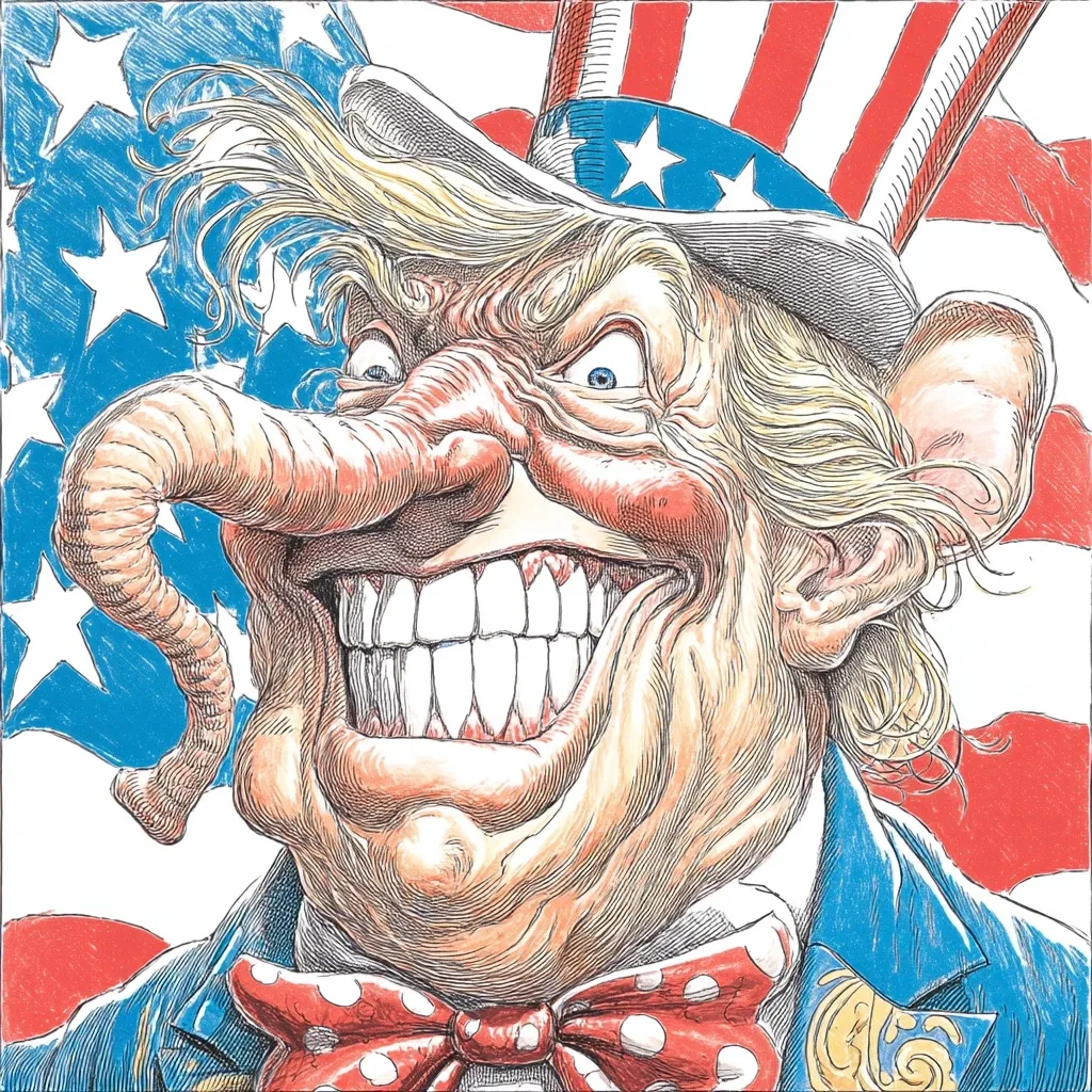 A satirical political caricature of a Republican figure with an upside-down American flag background.
