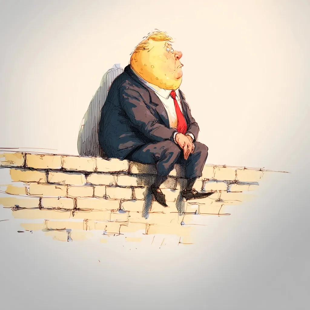 A satirical caricature of Donald Trump as Humpty Dumpty sitting on a wall, symbolizing a political downfall.