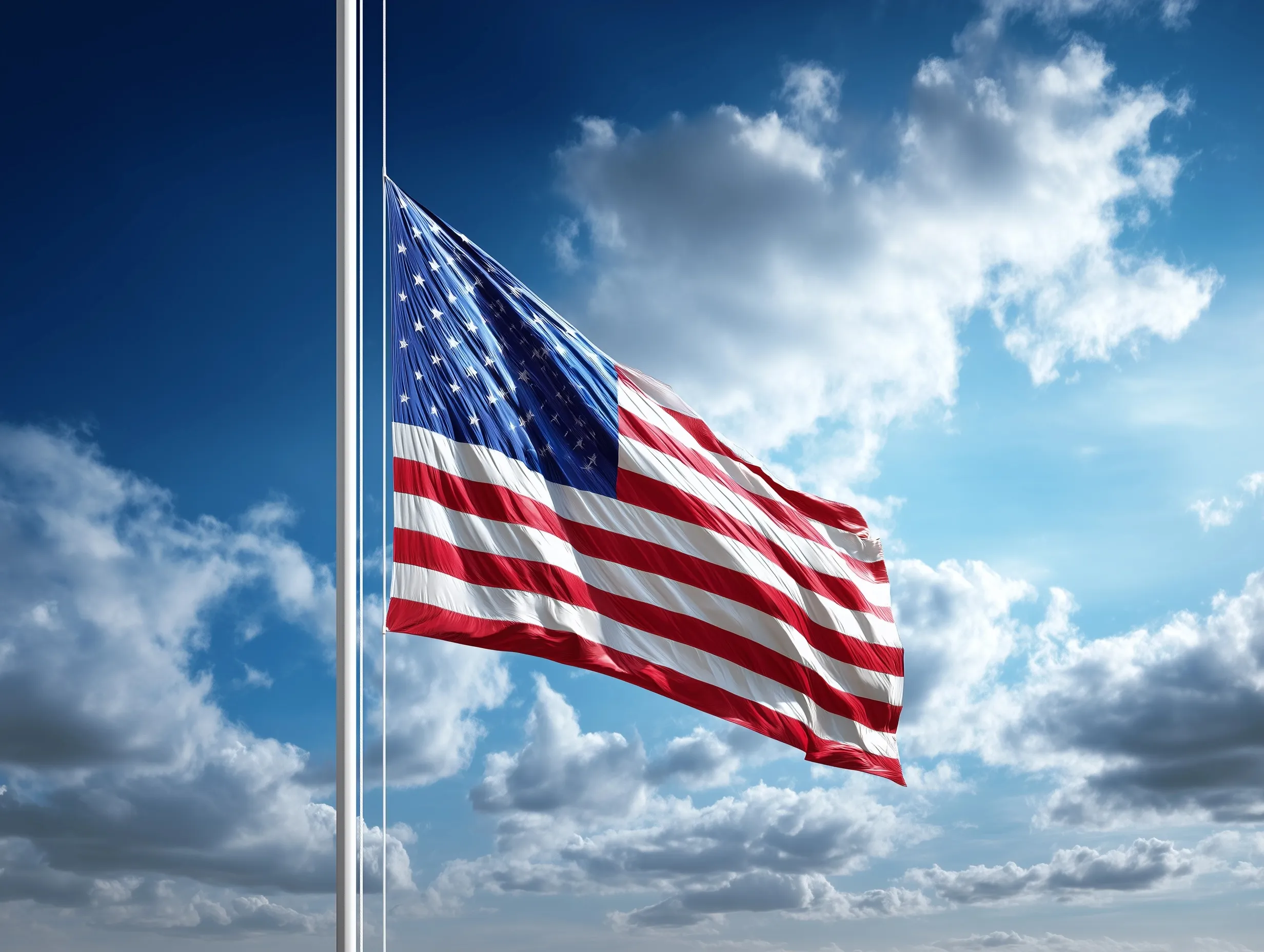 A hyperrealistic American flag flying at half-staff against a clear blue sky.