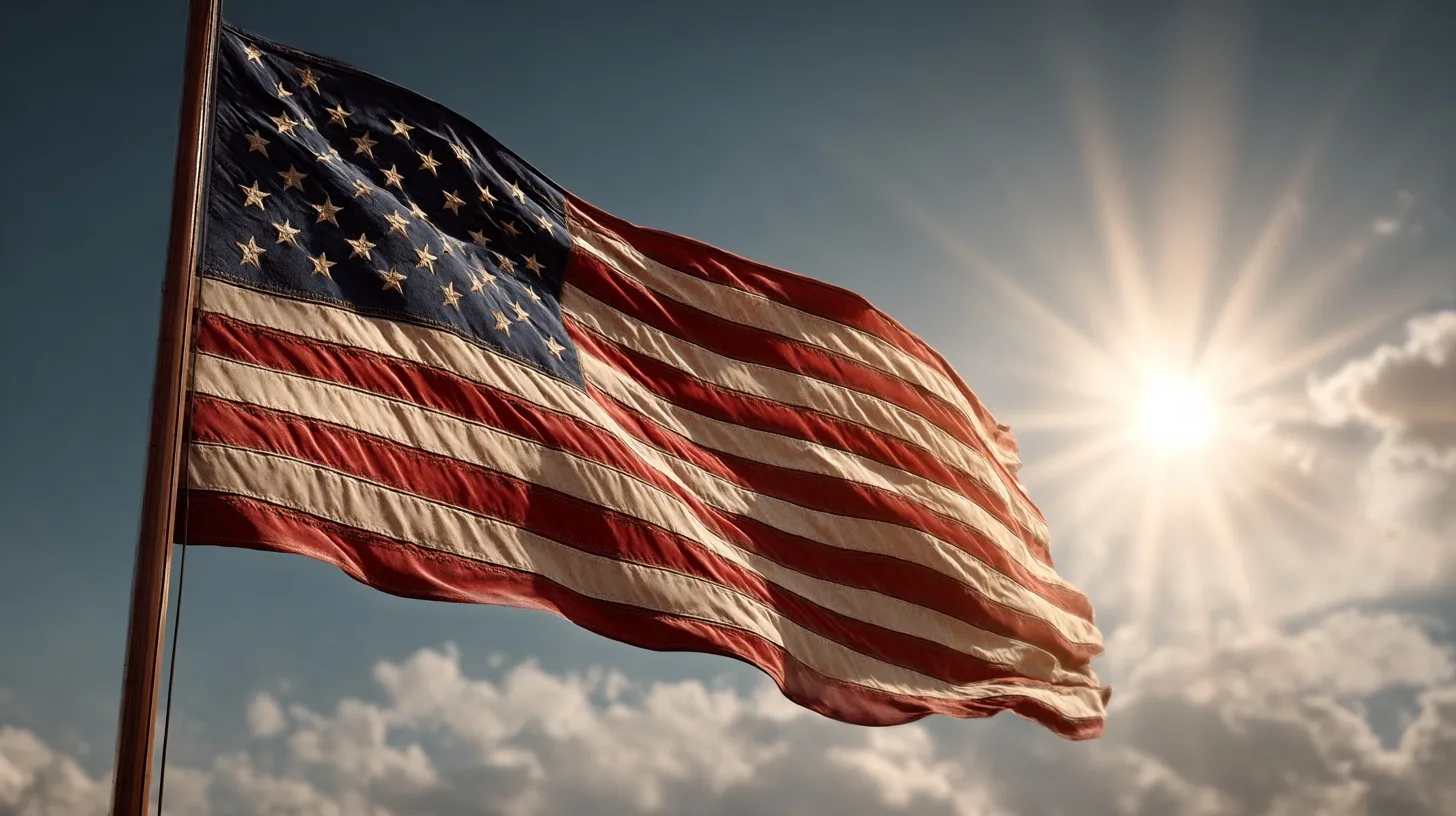 American flag waving high against a bright blue sky with dramatic cinematic sunlight and lens flare.