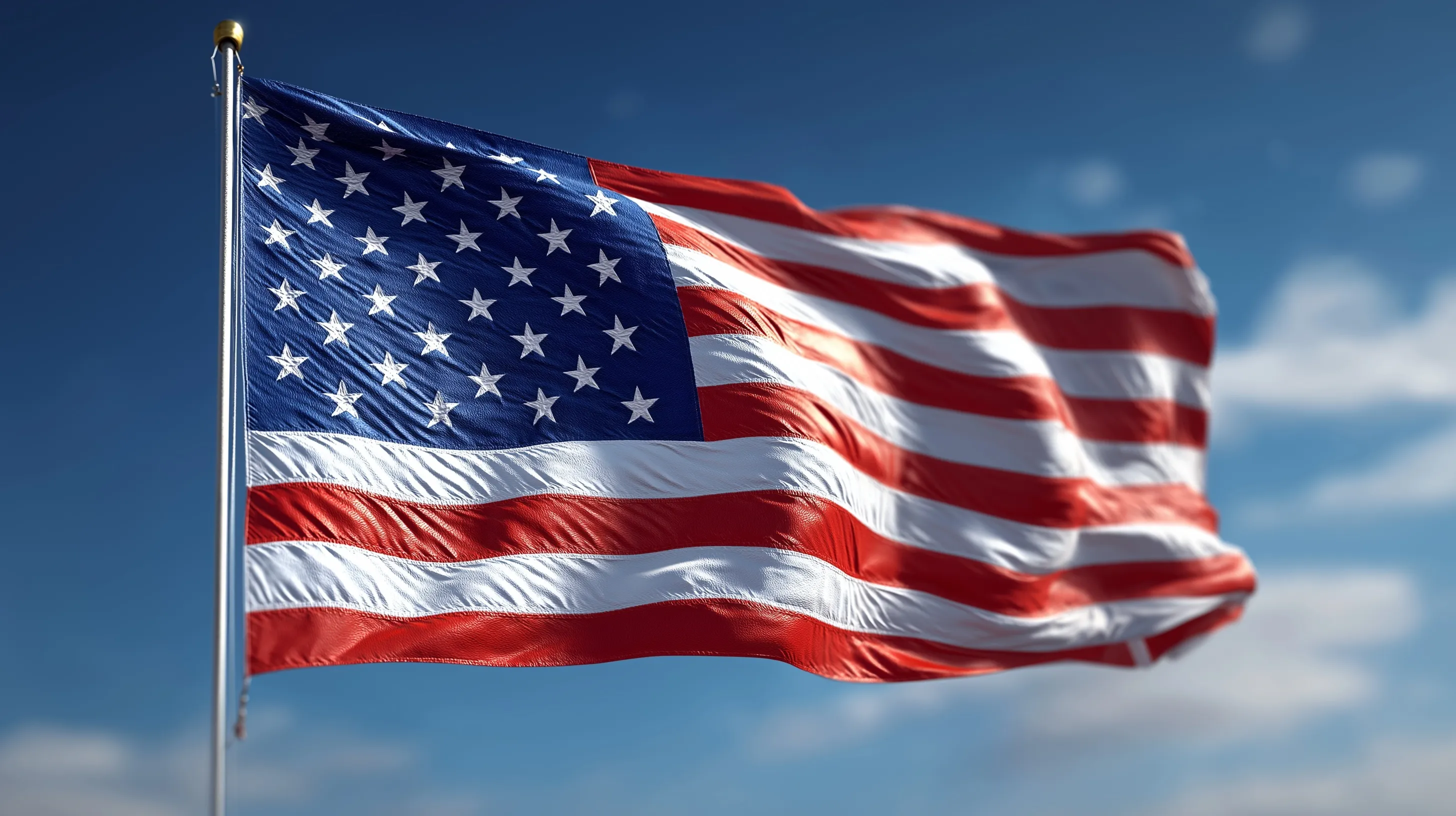 A photorealistic American flag waving in the wind against a clear blue sky background.