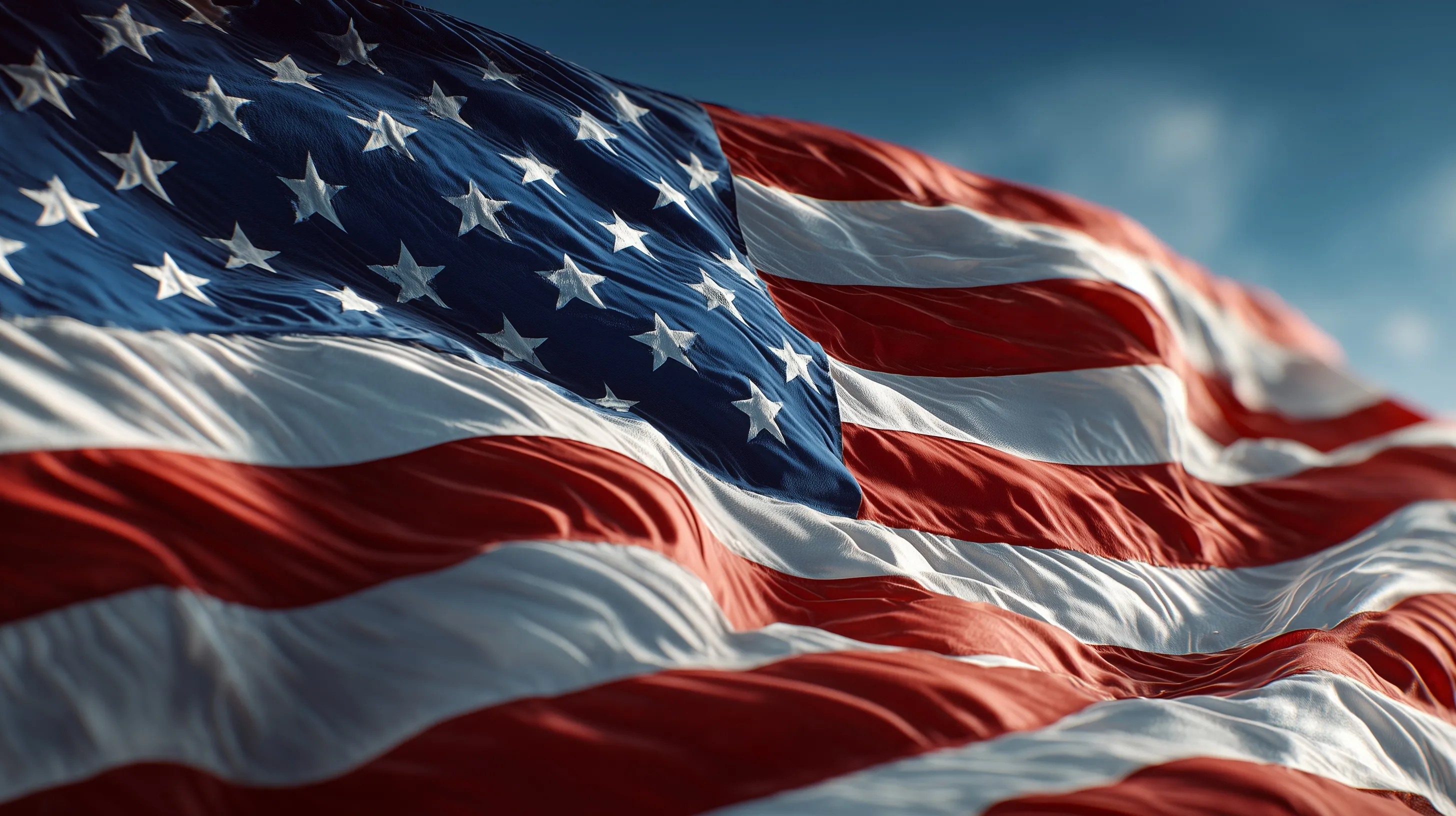An epic illustrated American flag waving proudly against a clear blue sky.