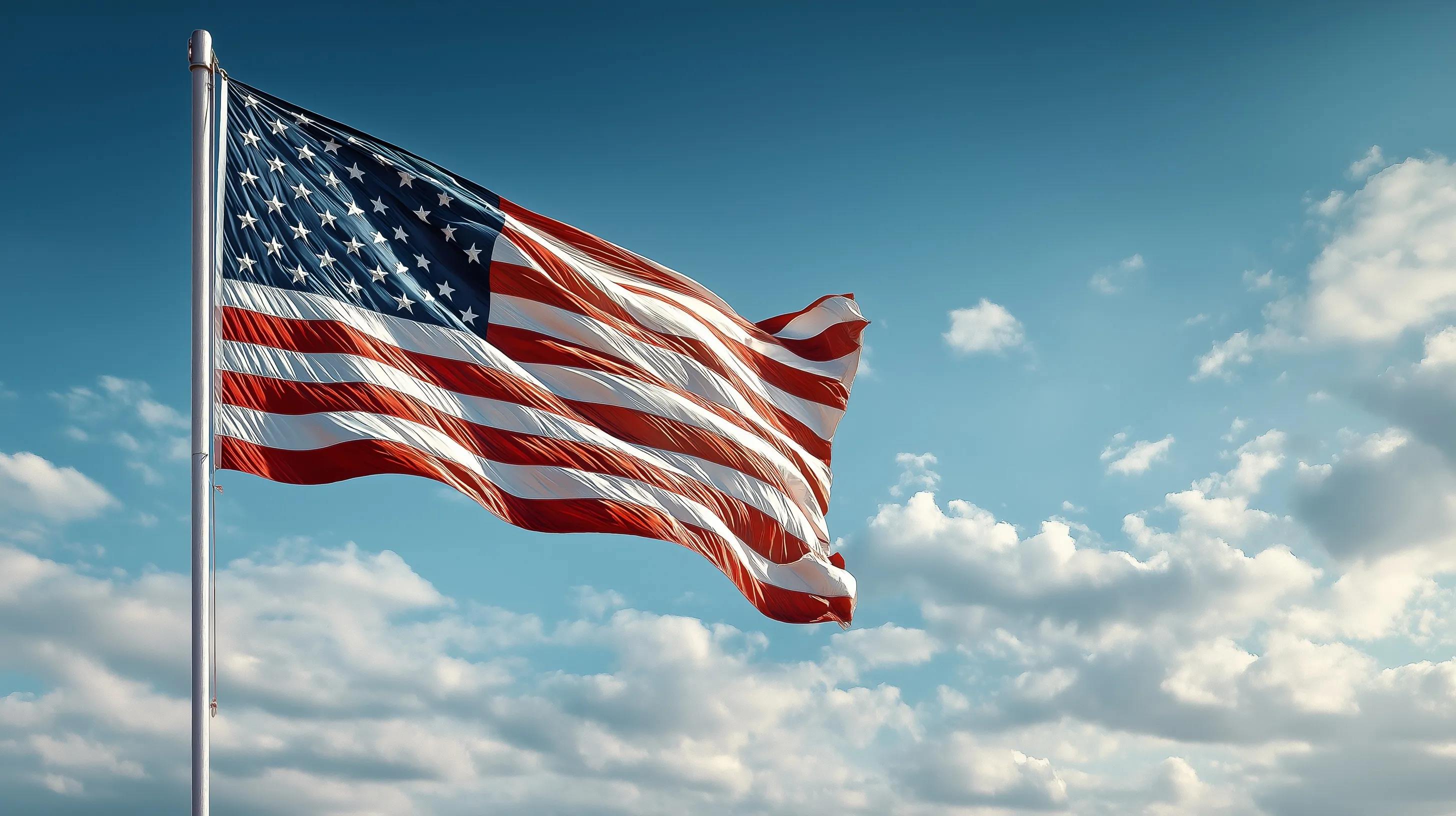 American flag waving against a bright blue sky with The White House visible in the background.