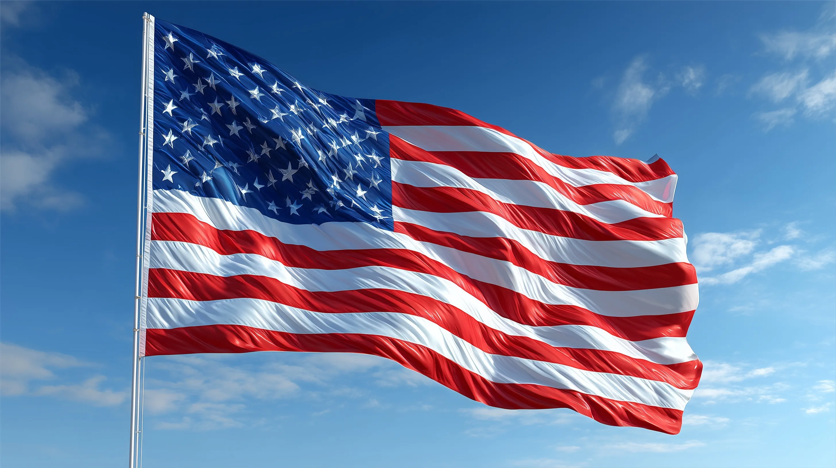 American flag waving in the wind against a clear blue sky, high-resolution photorealistic image.