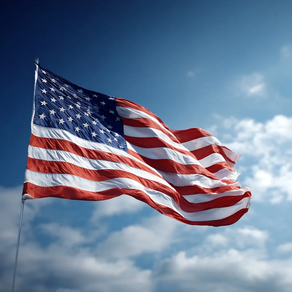 A vibrant American flag waving against a clear, deep blue sky on a sunny day.