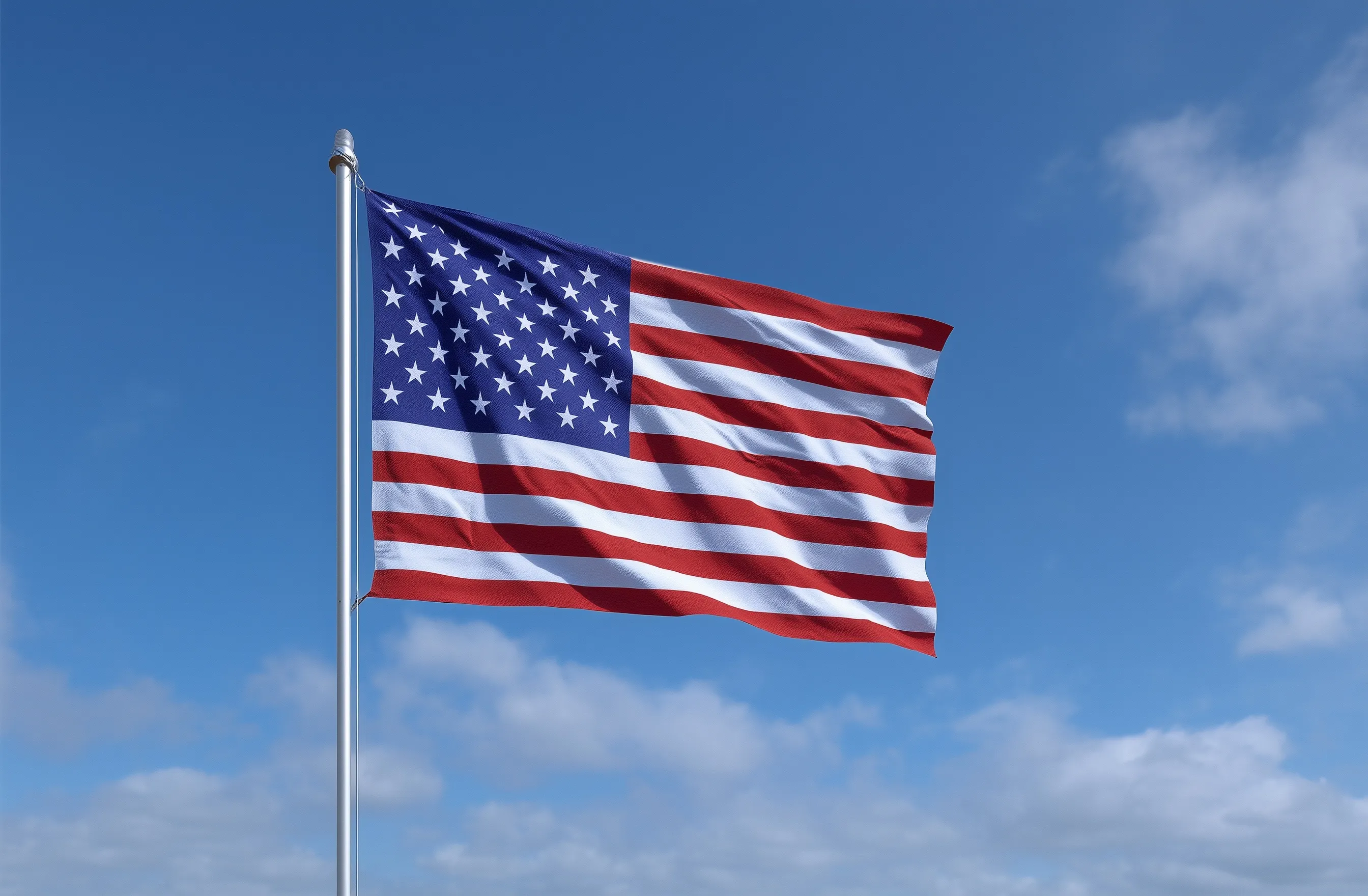 American flag waving against a bright blue sky with soft white clouds.
