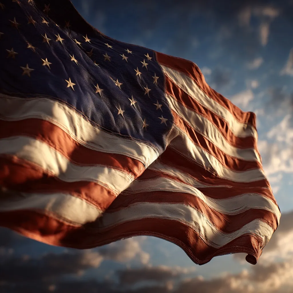 4K cinematic shot of an American flag waving proudly against a clear, vibrant blue sky.