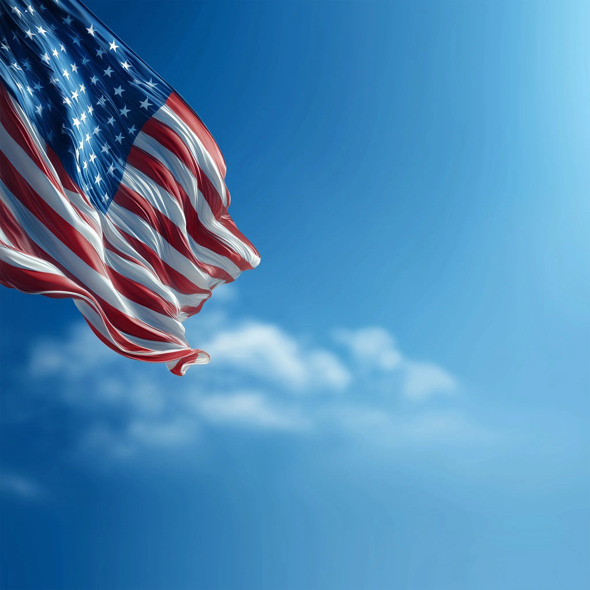 American flag waving against a bright, clear blue sky background.