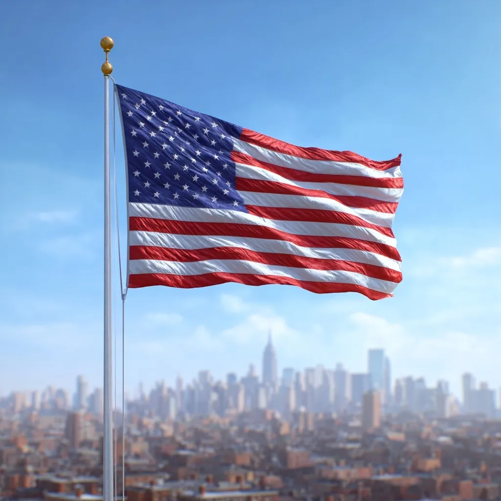 A large American flag waving in the wind against a bright New York City skyline under a clear blue sky.