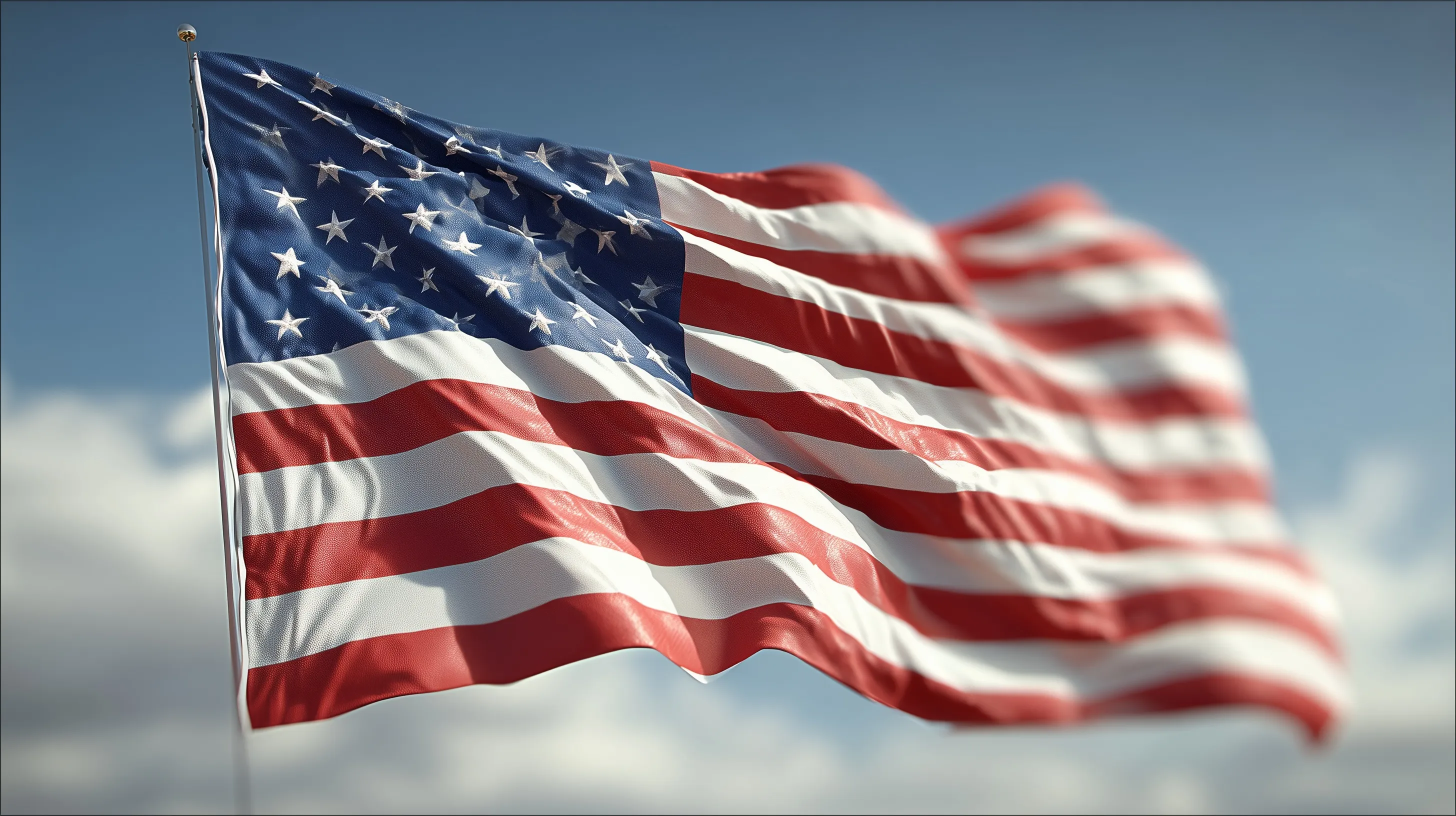 A vibrant American flag waving against a clear blue sky on a sunny day.