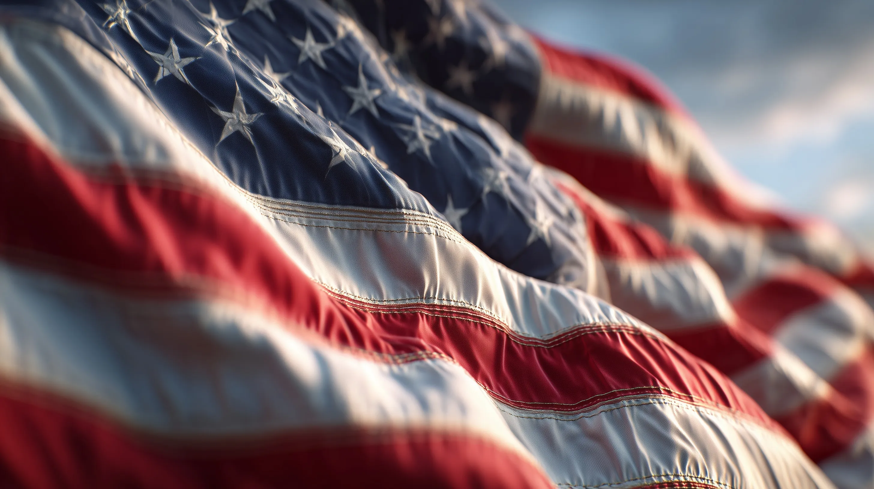 American flag waving against a clear blue sky in soft cinematic lighting.