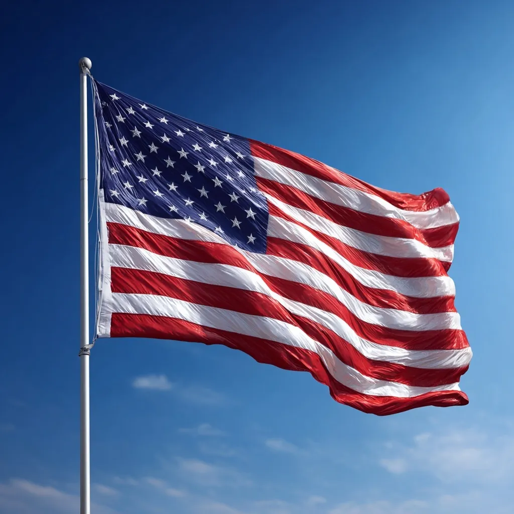 An American flag waving proudly against a vibrant blue sky background.