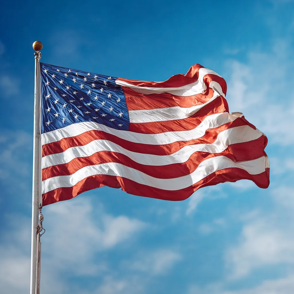 A vibrant American flag waving against a clear blue sky, symbolizing patriotism and freedom.