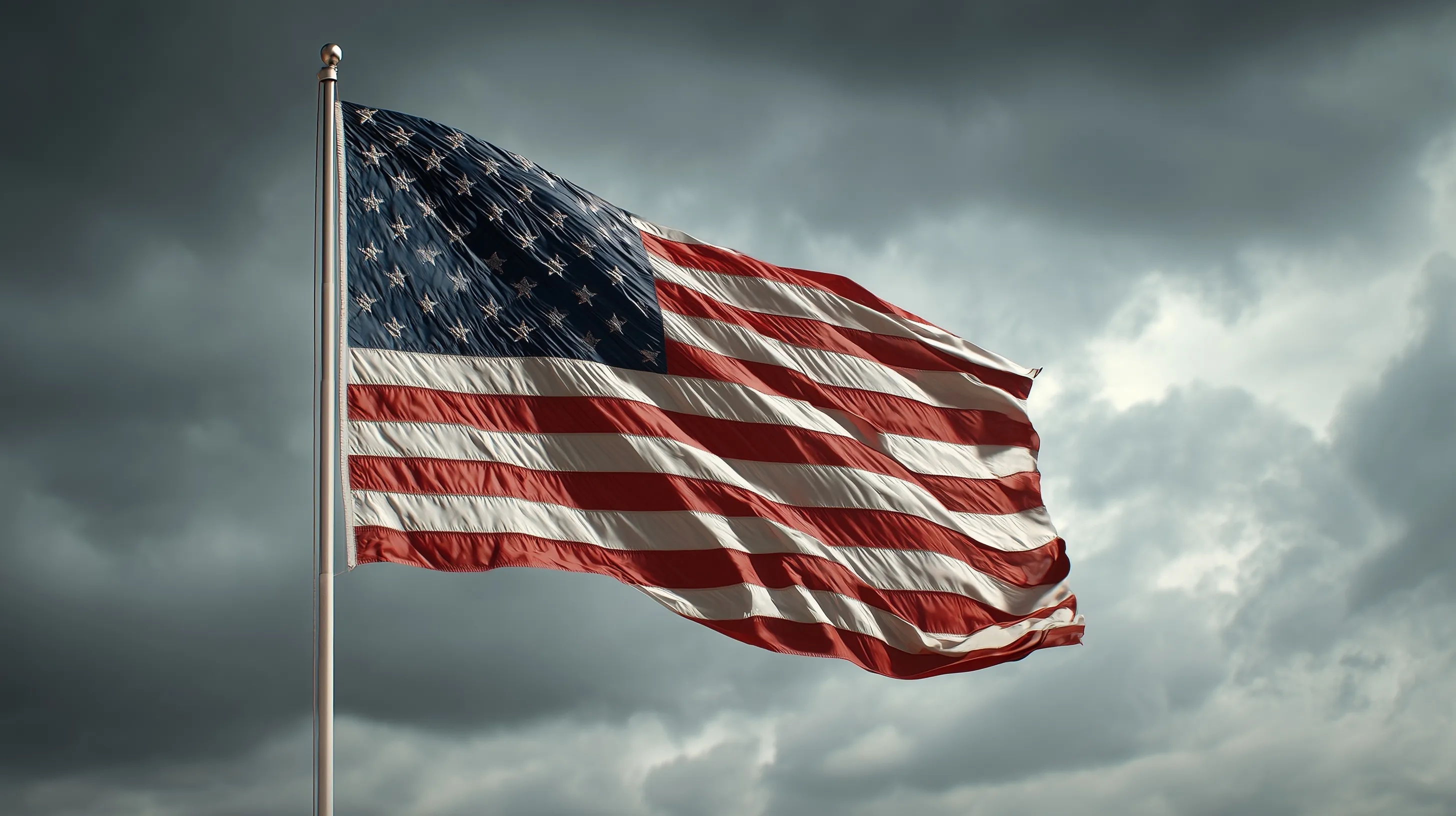American flag waving against a dramatic blue sky with gray clouds, cinematic lighting, no pole.