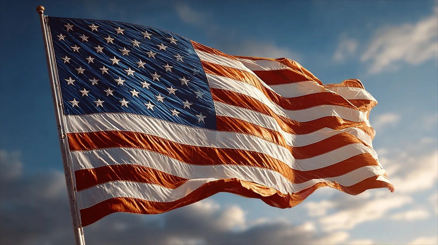 A bright American flag waving against a clear blue sky in natural daylight.