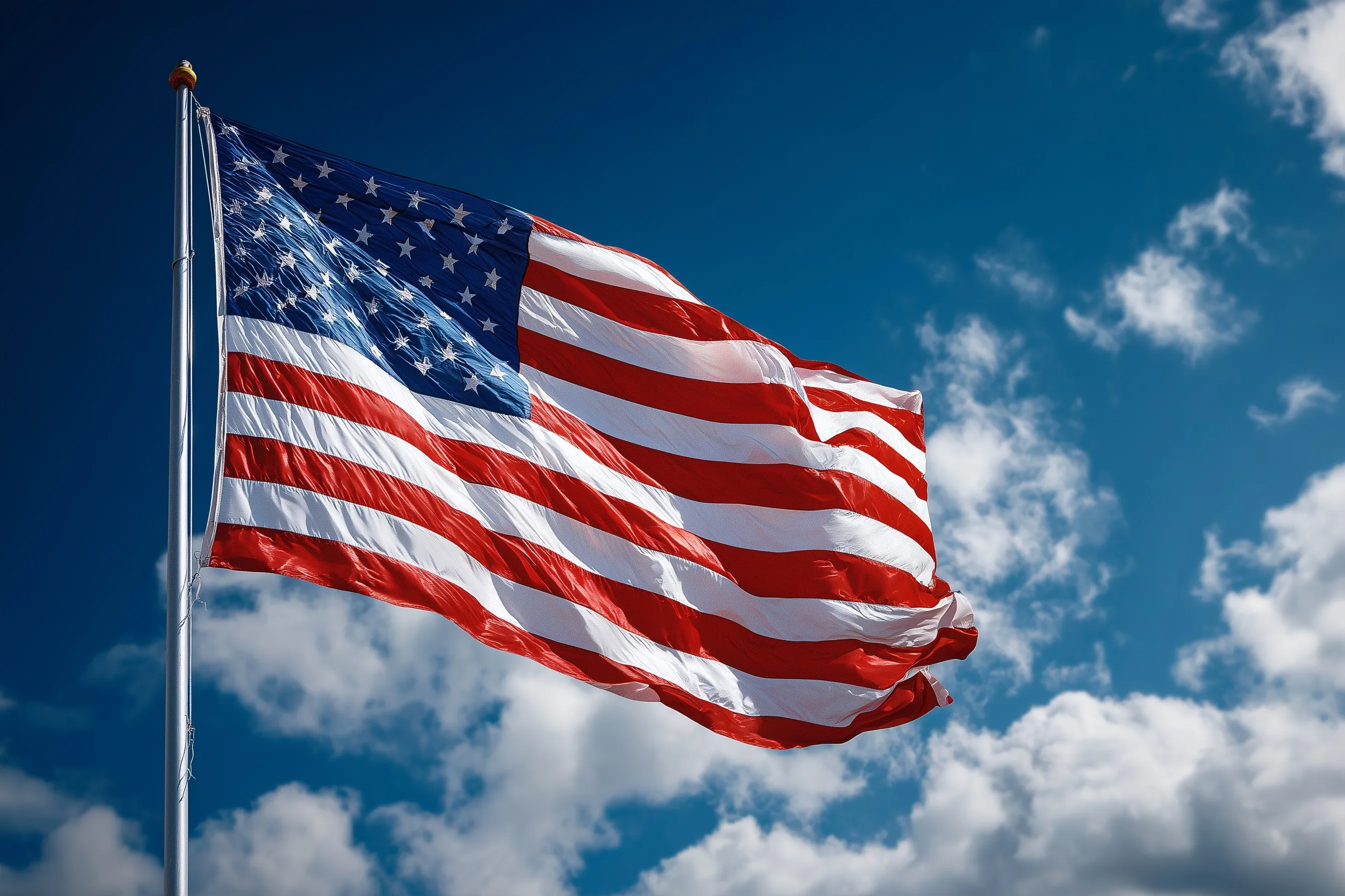 A massive American flag waving against a clear, vibrant blue sky.