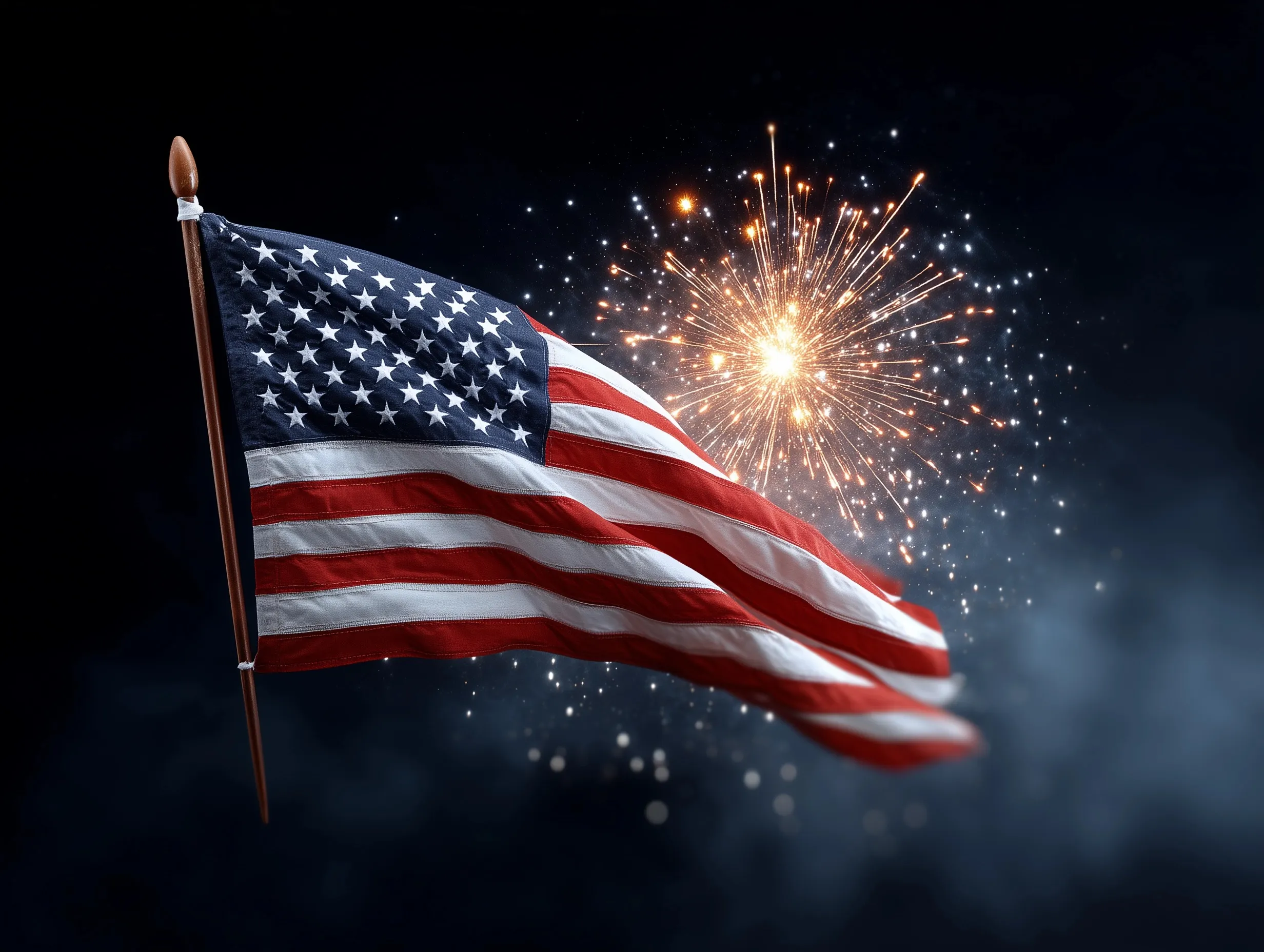 American flag waving against a vibrant night sky filled with colorful 4th of July fireworks.