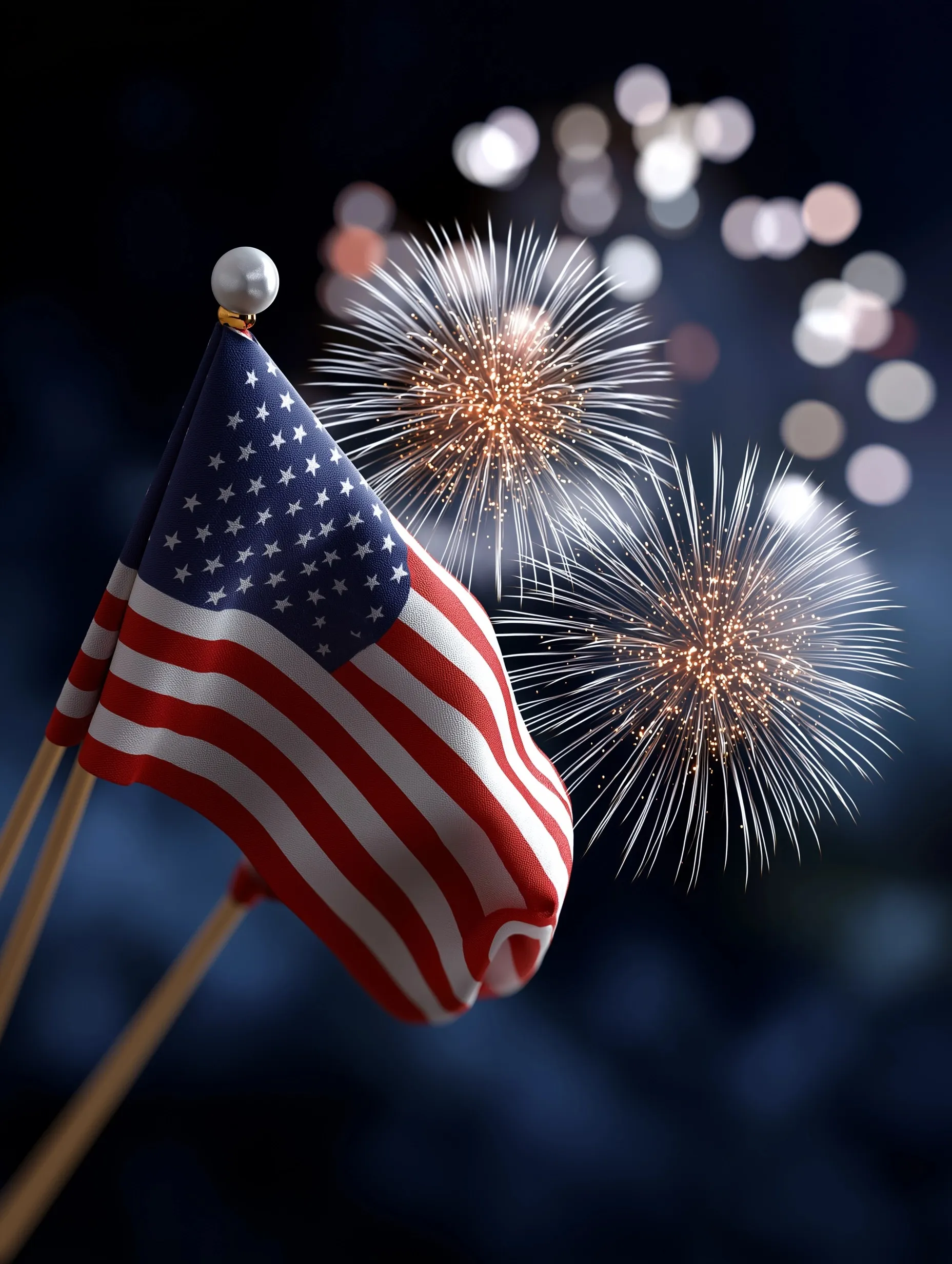 American flag waving against a backdrop of colorful Fourth of July fireworks in the night sky.