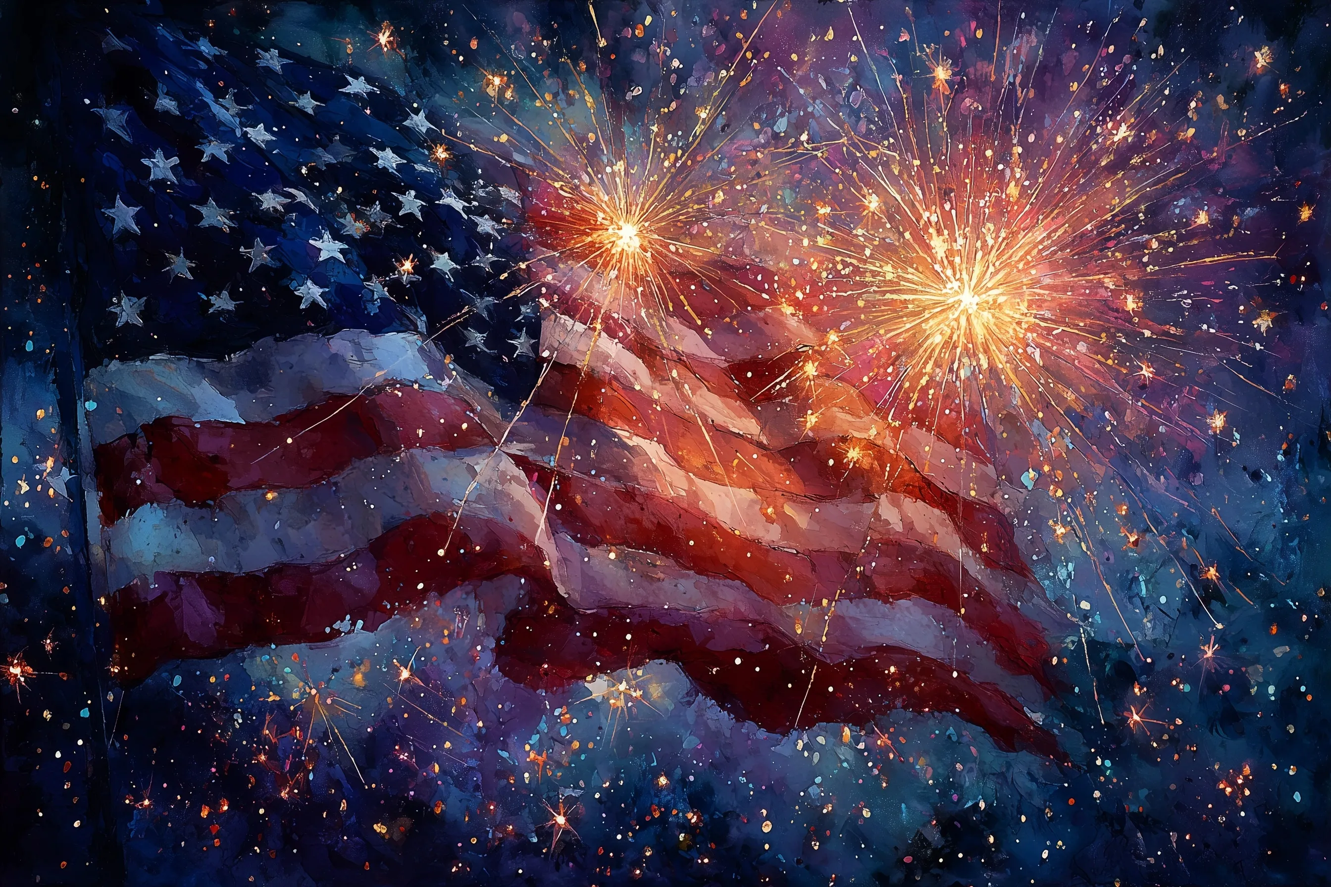 Watercolor painting of an American flag with July 4th fireworks, backyard party, and festive red, white, and blue.