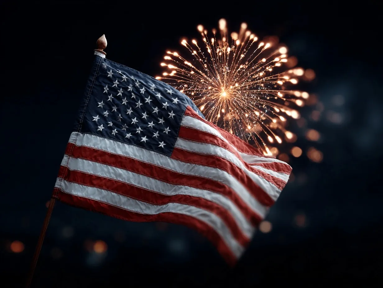 American flag waving against a backdrop of colorful fireworks in the night sky during Independence Day celebrations.