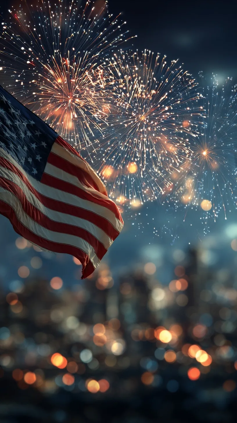 American flag waving against a Los Angeles night sky filled with colorful fireworks with copy space in the center.