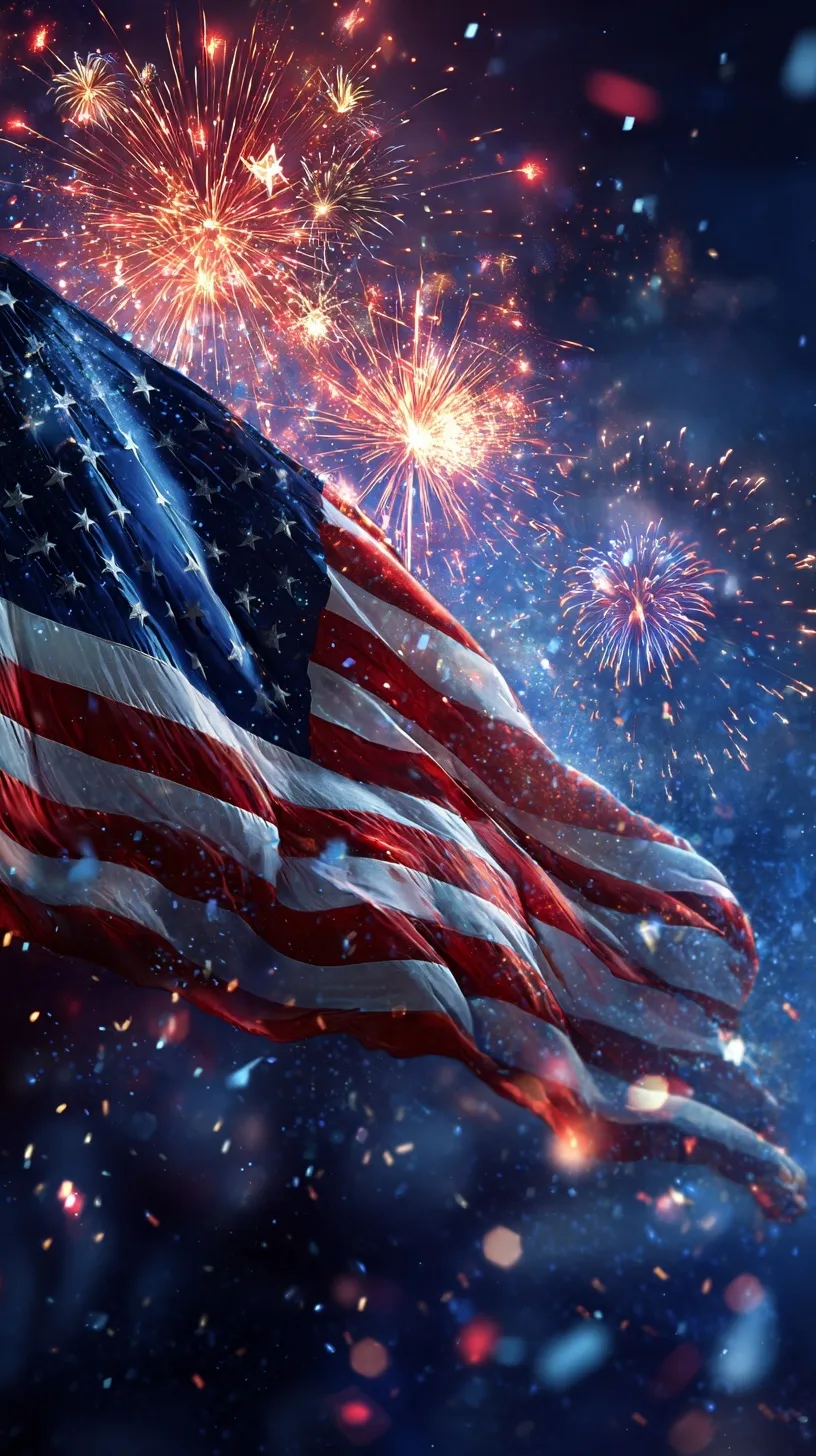American flag waving against a backdrop of vibrant red, white, and blue fireworks in a festive night sky.