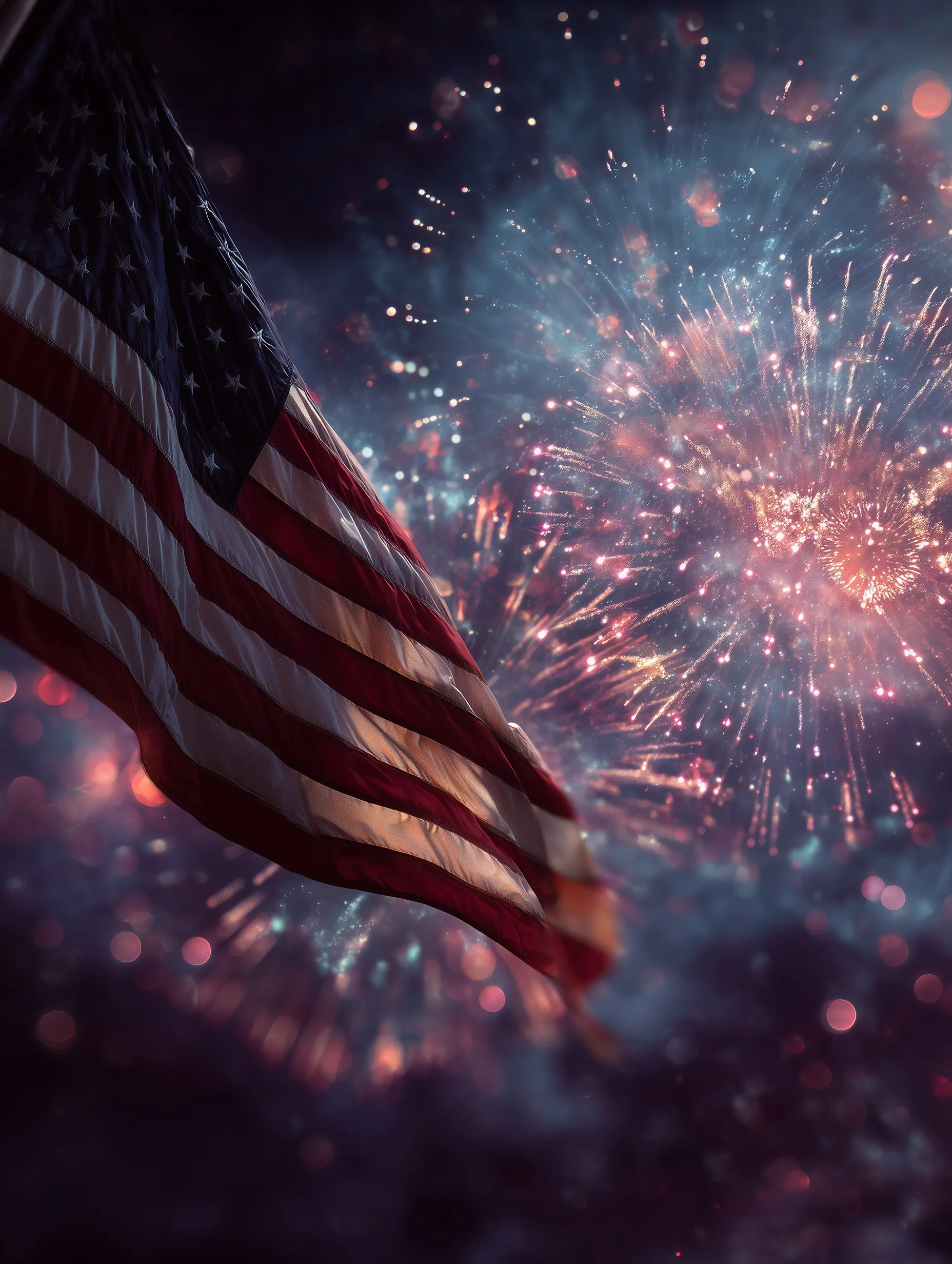 American flag waving in the night sky illuminated by colorful exploding fireworks.