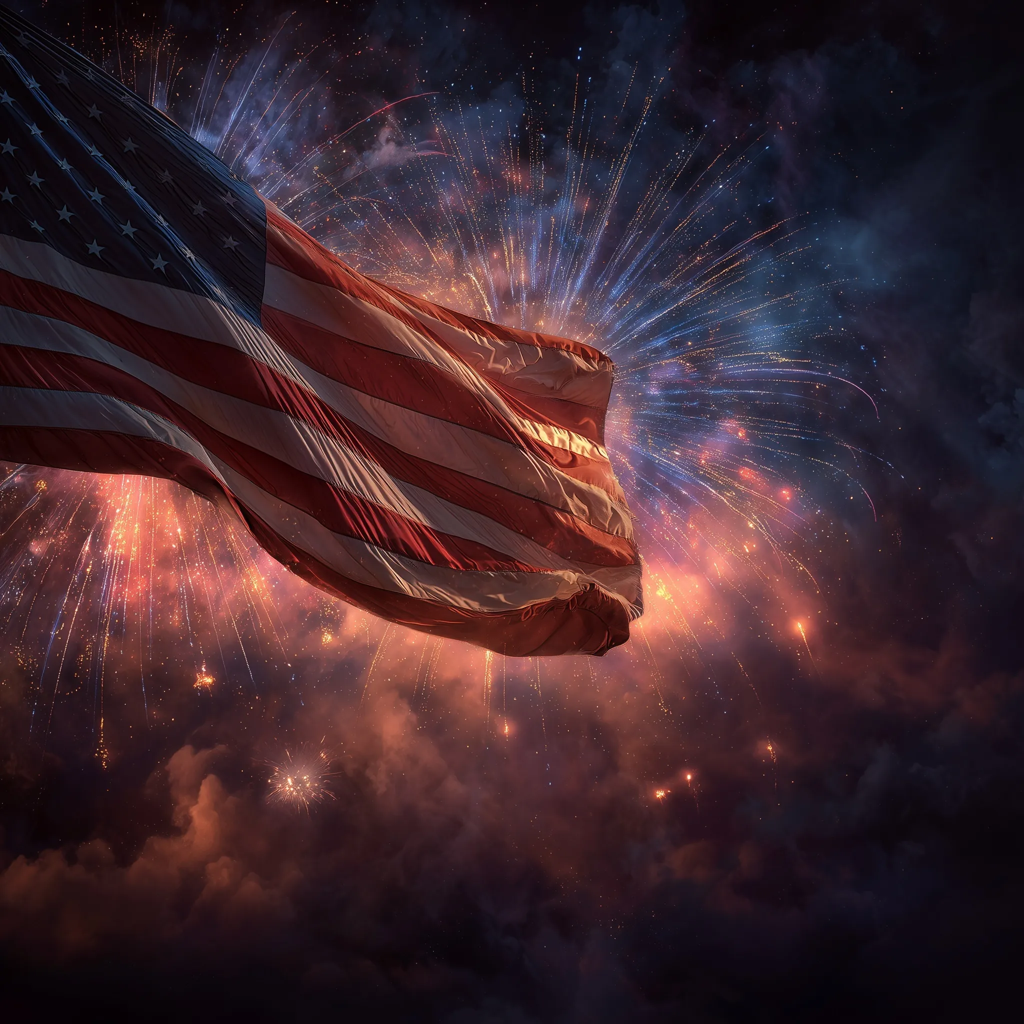 American flag waving against a night sky with colorful red, white, and blue fireworks and an empty space for text.