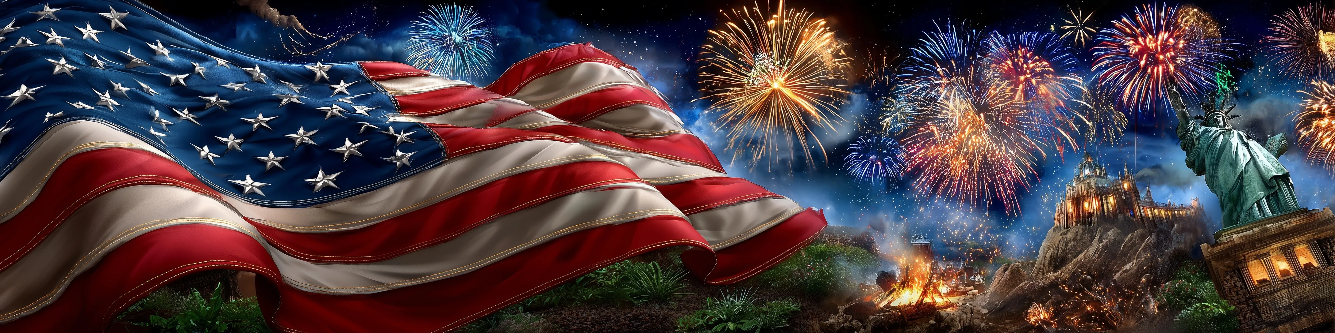 American flag waving against a vibrant night sky filled with Independence Day fireworks in Hawaii.