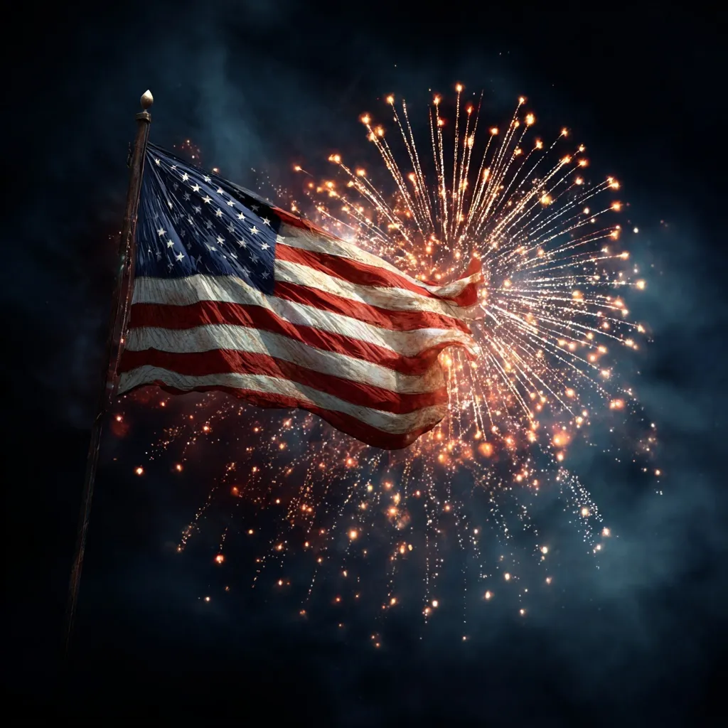 Vibrant American flag-shaped fireworks bursting in the night sky during a 4th of July celebration.