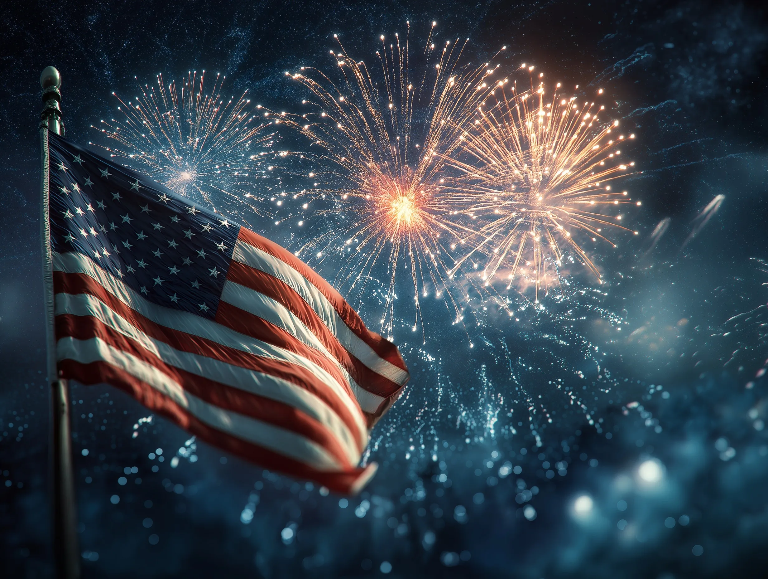 American flag flying against a night sky with fireworks, stars, and an Independence Day celebration theme.