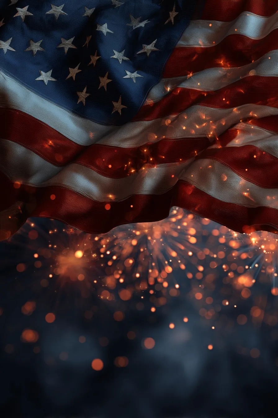 American flag and chrome stars floating in a night sky filled with vibrant fireworks.