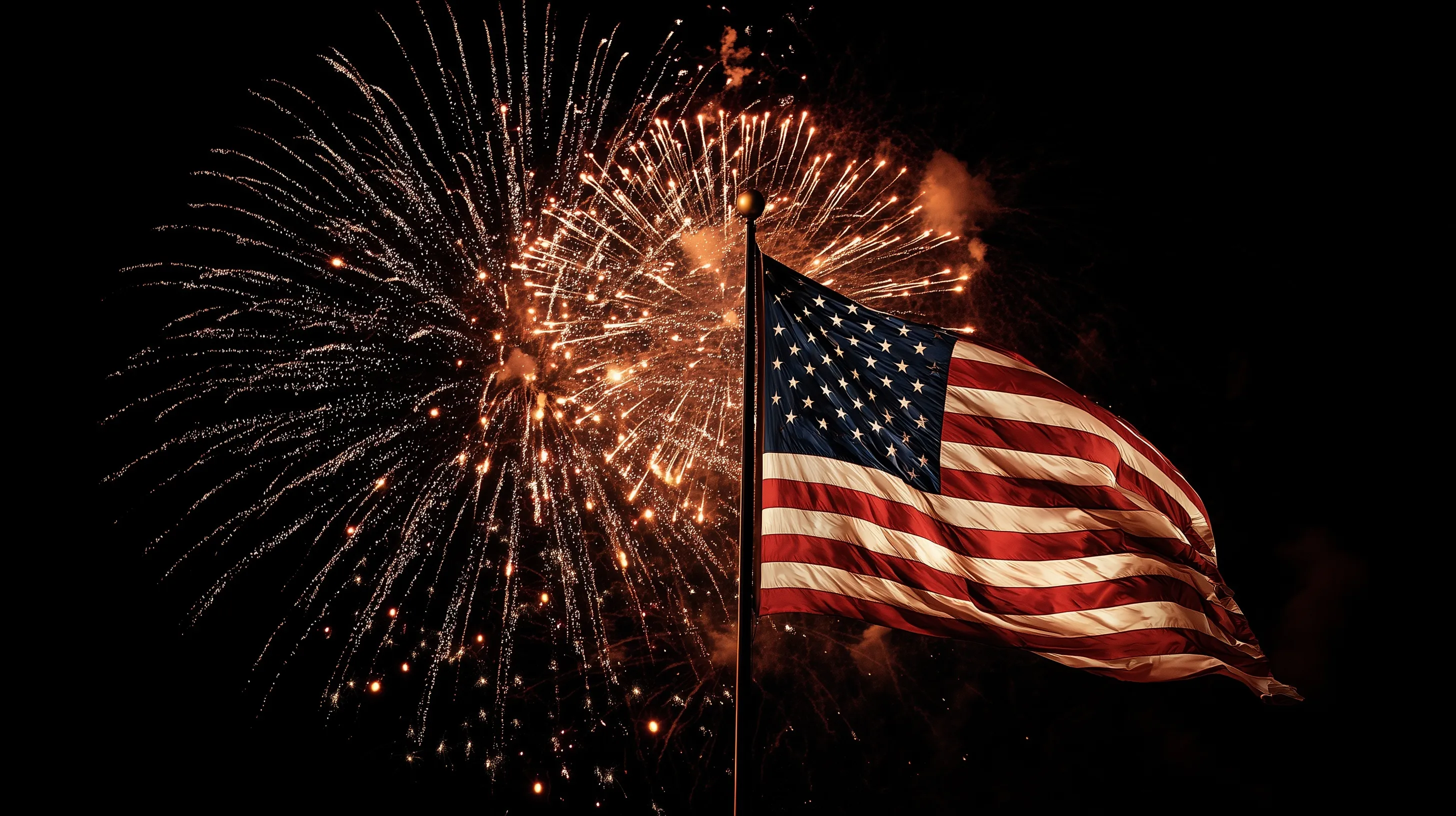 American flag waving against a backdrop of colorful night fireworks in the sky.