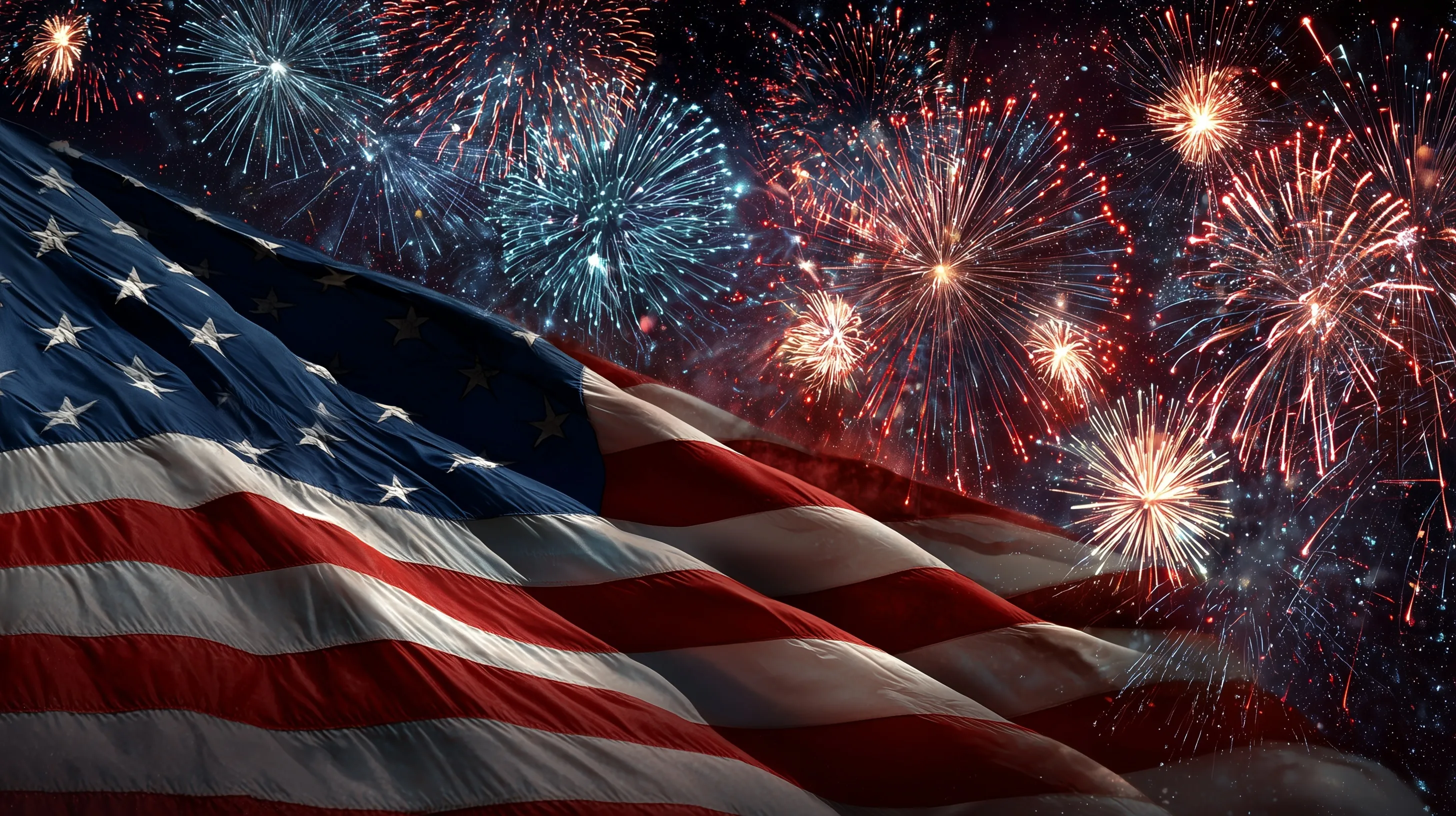 American flag waving against a backdrop of colorful Independence Day fireworks in the night sky.