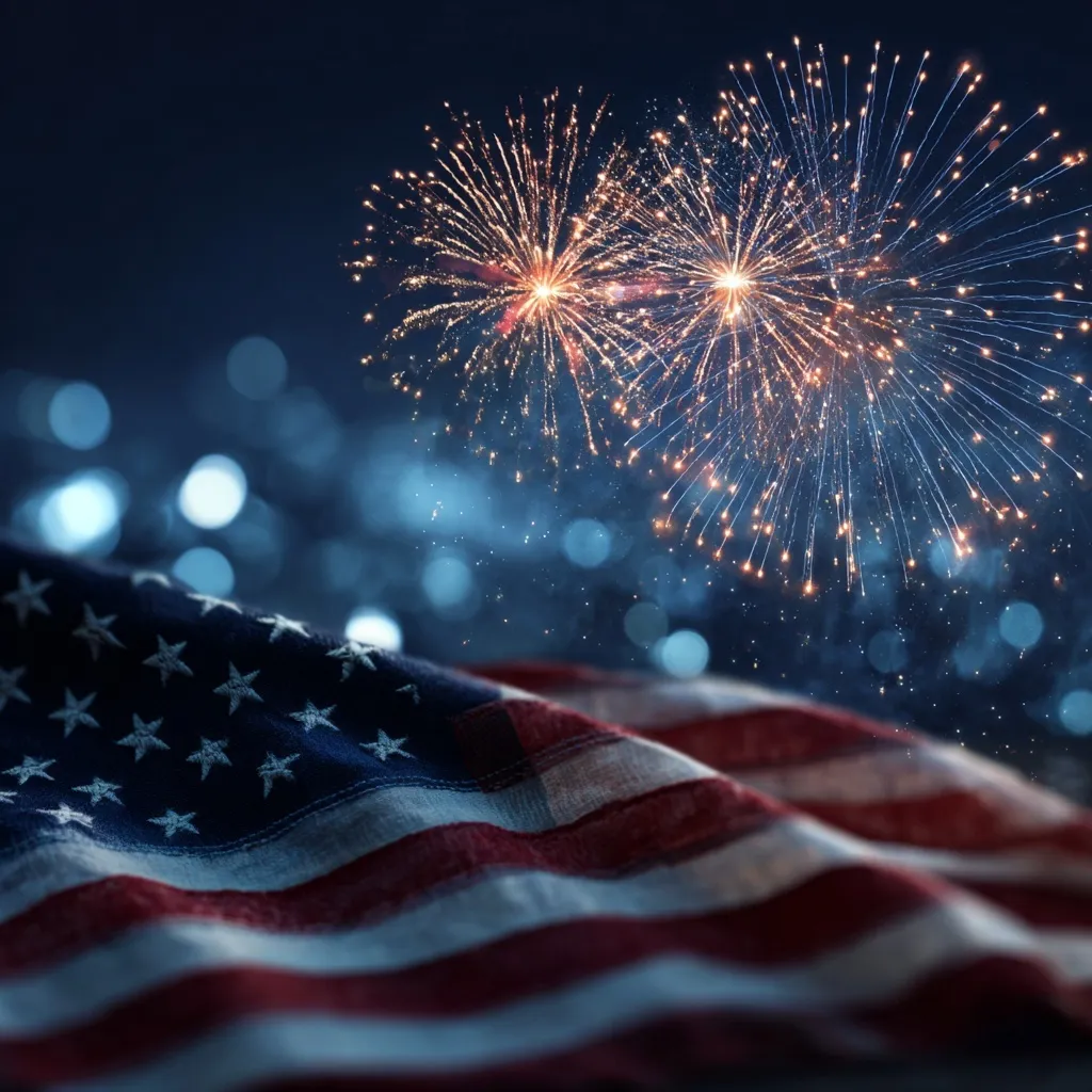 American flag waving against a backdrop of colorful Fourth of July fireworks bursting in the night sky.