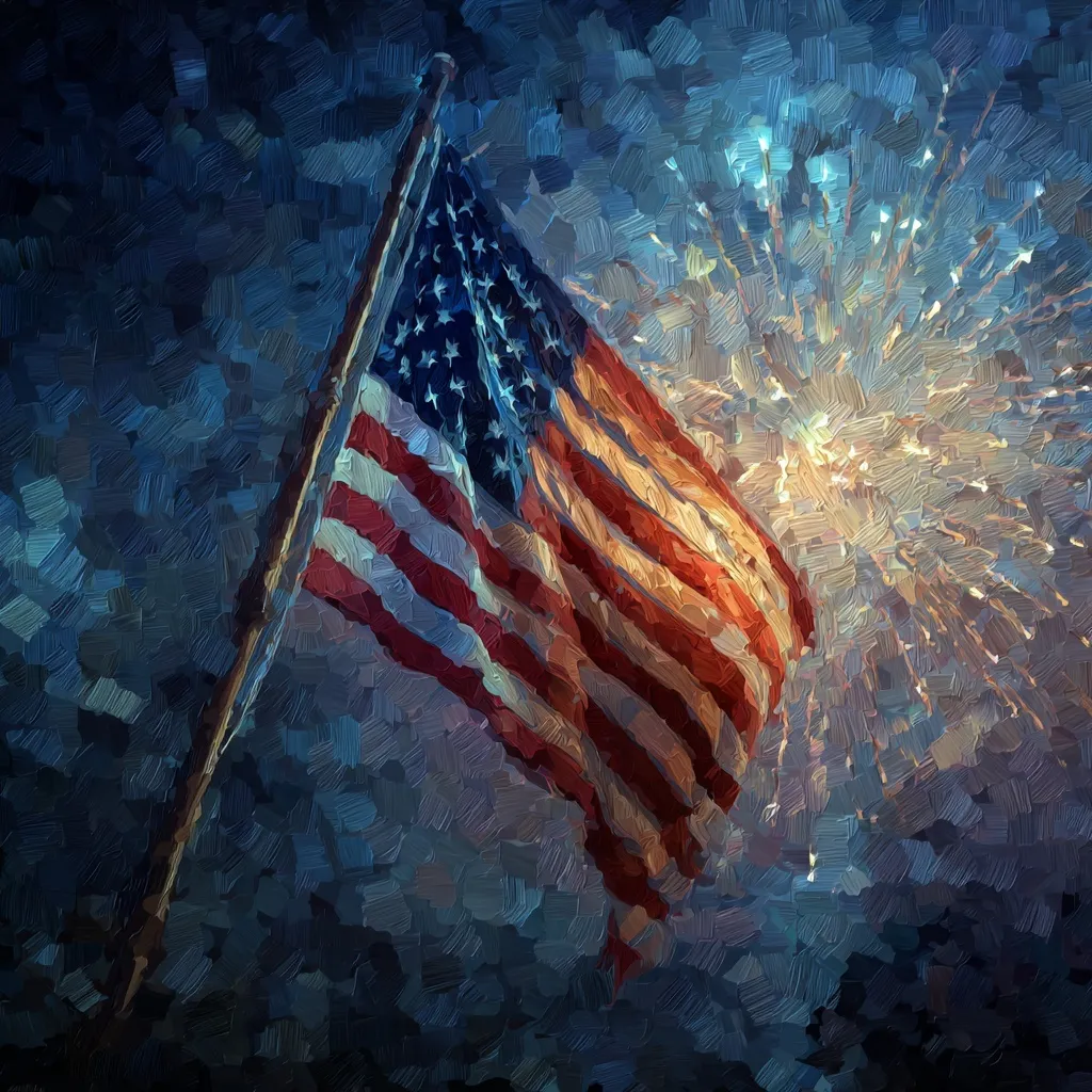 American flag waving against a vibrant sky filled with abstract fireworks in a patriotic digital art style.