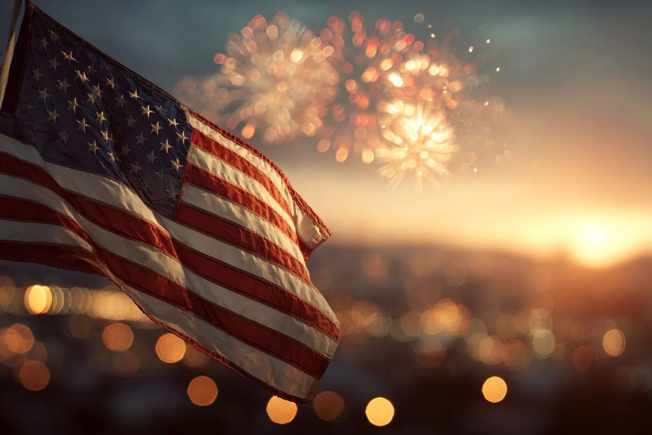 A large American flag waving against a backdrop of celebratory fireworks in a golden hour sunset sky.