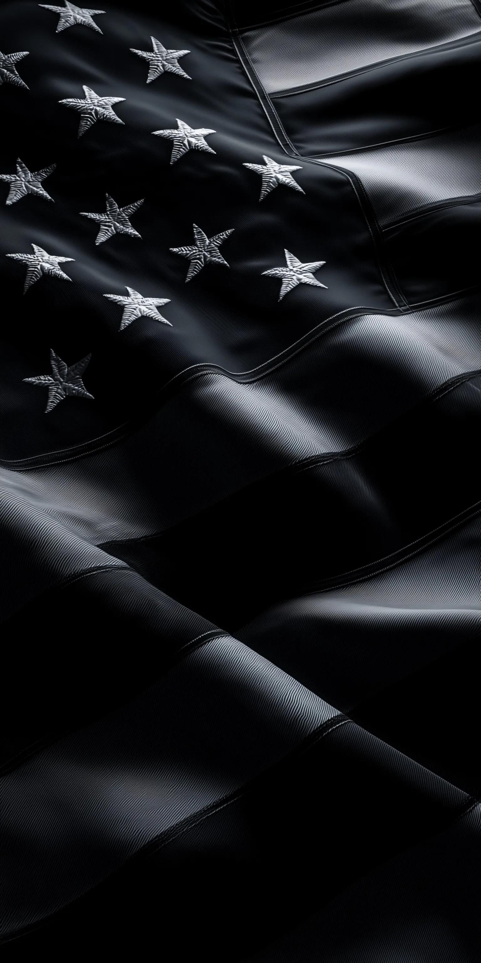 A seamless, high-definition close-up of a waving black American flag with an epic, dramatic composition.