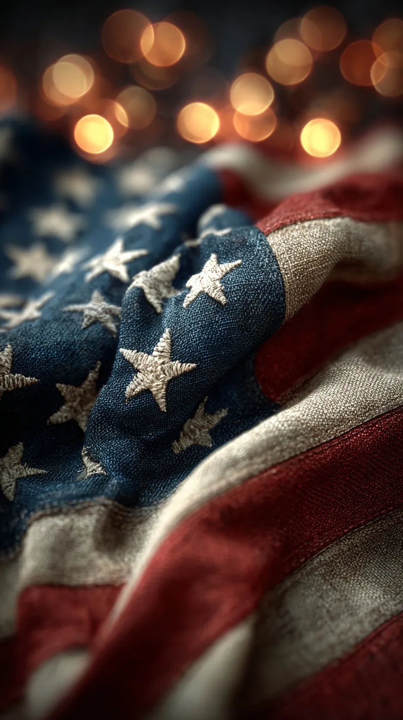 Vintage American flag background with soft red, white, and blue bokeh lights for 4th of July designs.