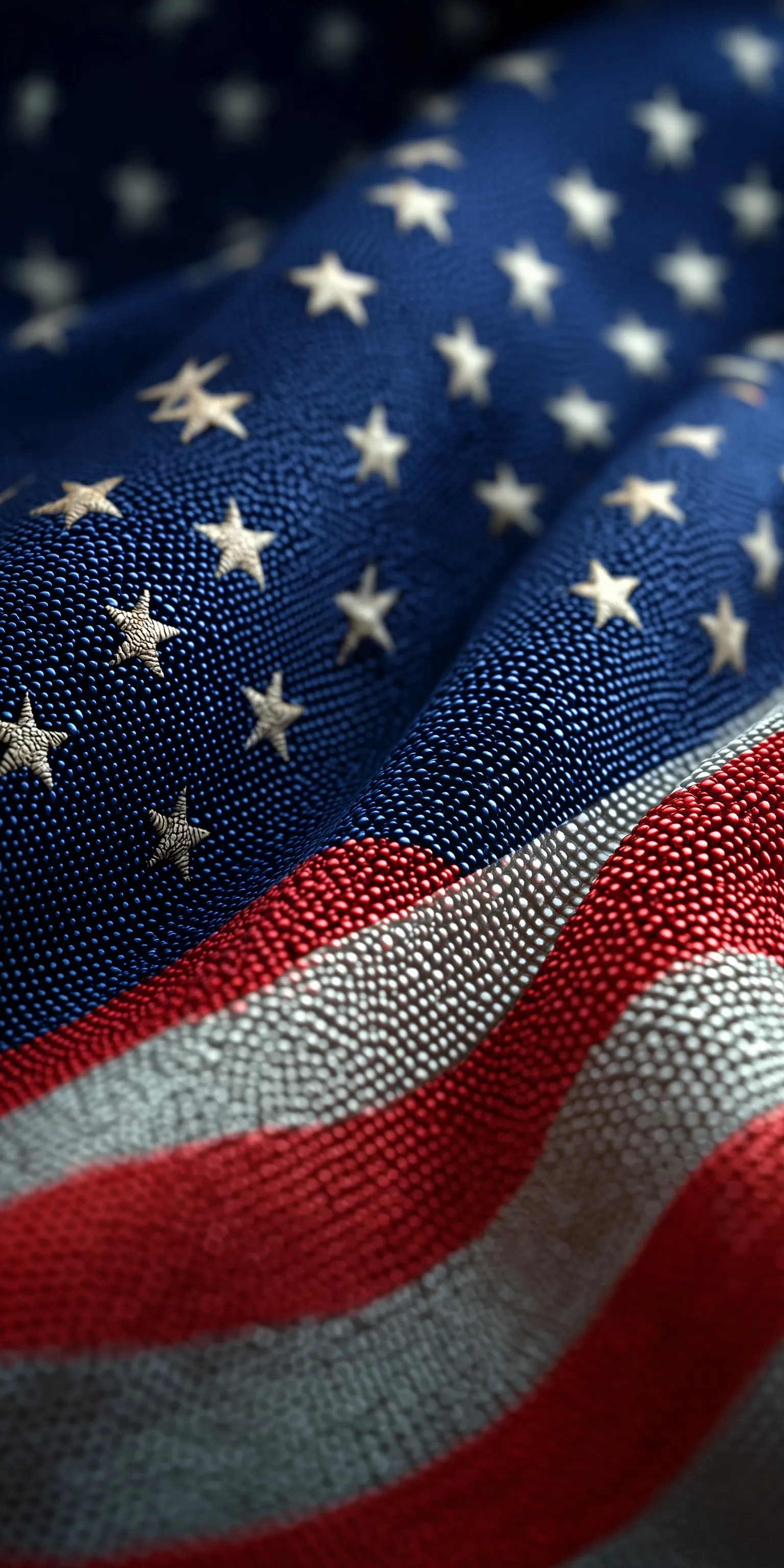 Close up of a rippling American flag with a minimalist micro-dot comic book aesthetic in high definition.