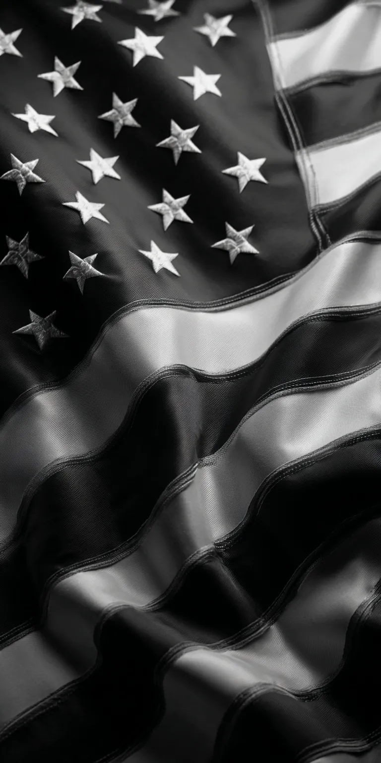 A detailed close-up of a black and white American flag, high-definition photography with striking texture.