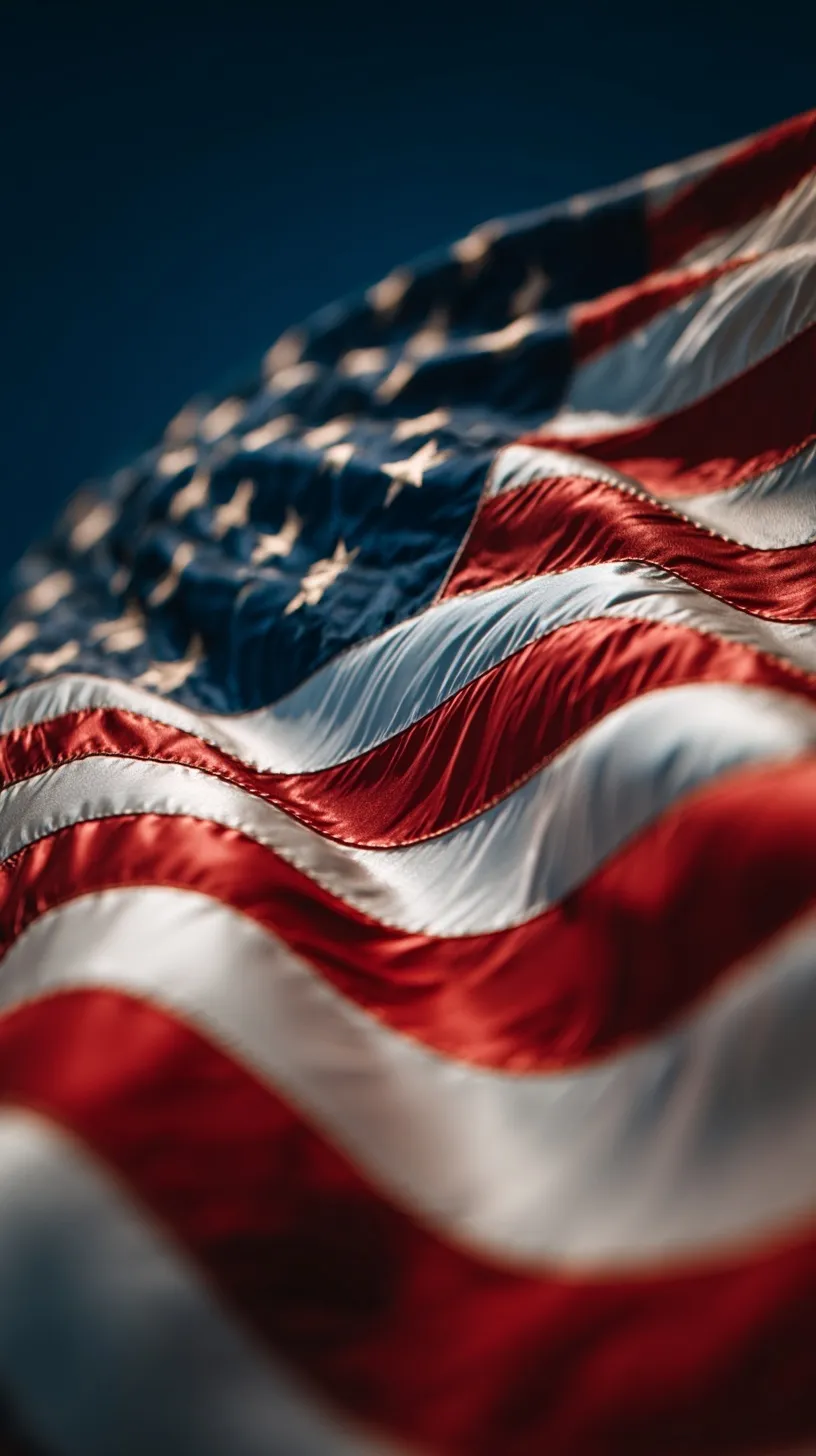Ultra-realistic extreme closeup of an American flag waving in the breeze with high-definition texture.