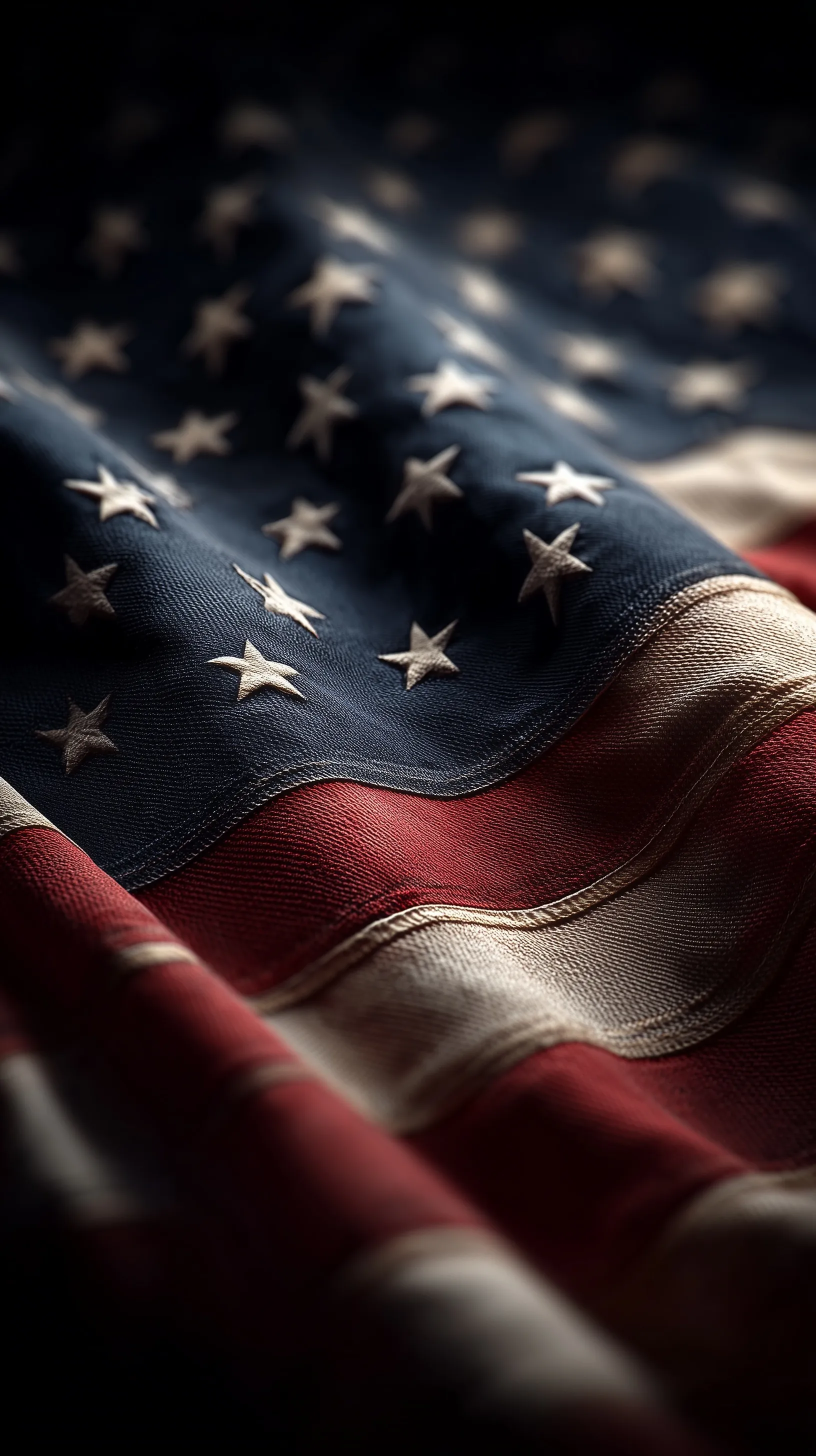 A close-up of a waving USA flag with smooth fabric and dramatic lighting in high resolution.