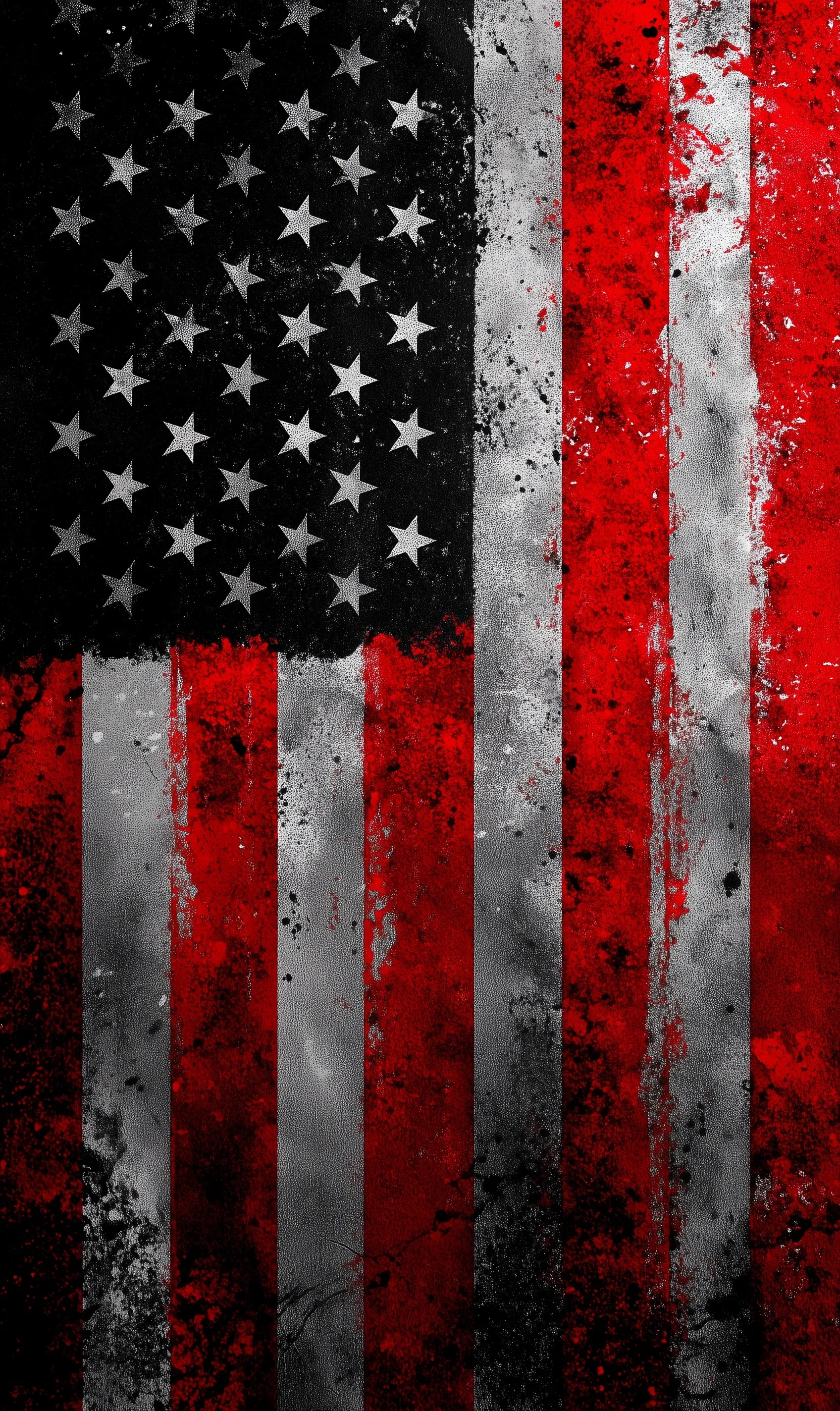 A weathered, high-definition American flag painting in red, white, and gray on a textured black background.