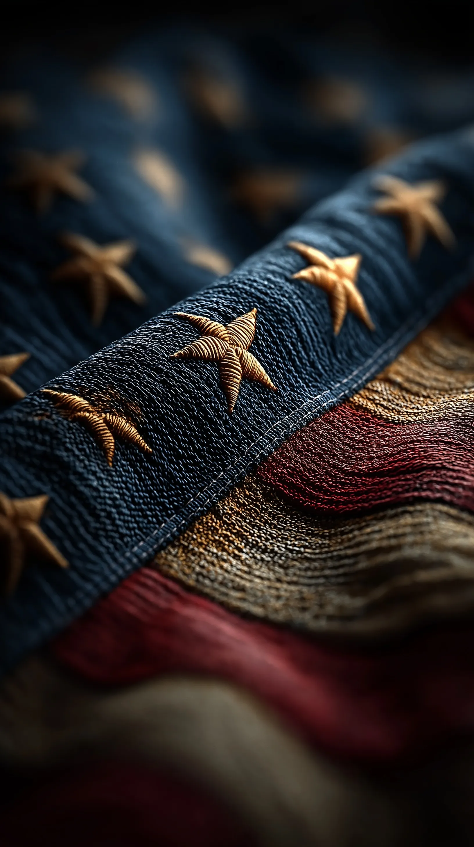 Close-up of a massive American flag billowing in the wind with dramatic sunlight, stars, and stripes in 4K detail.