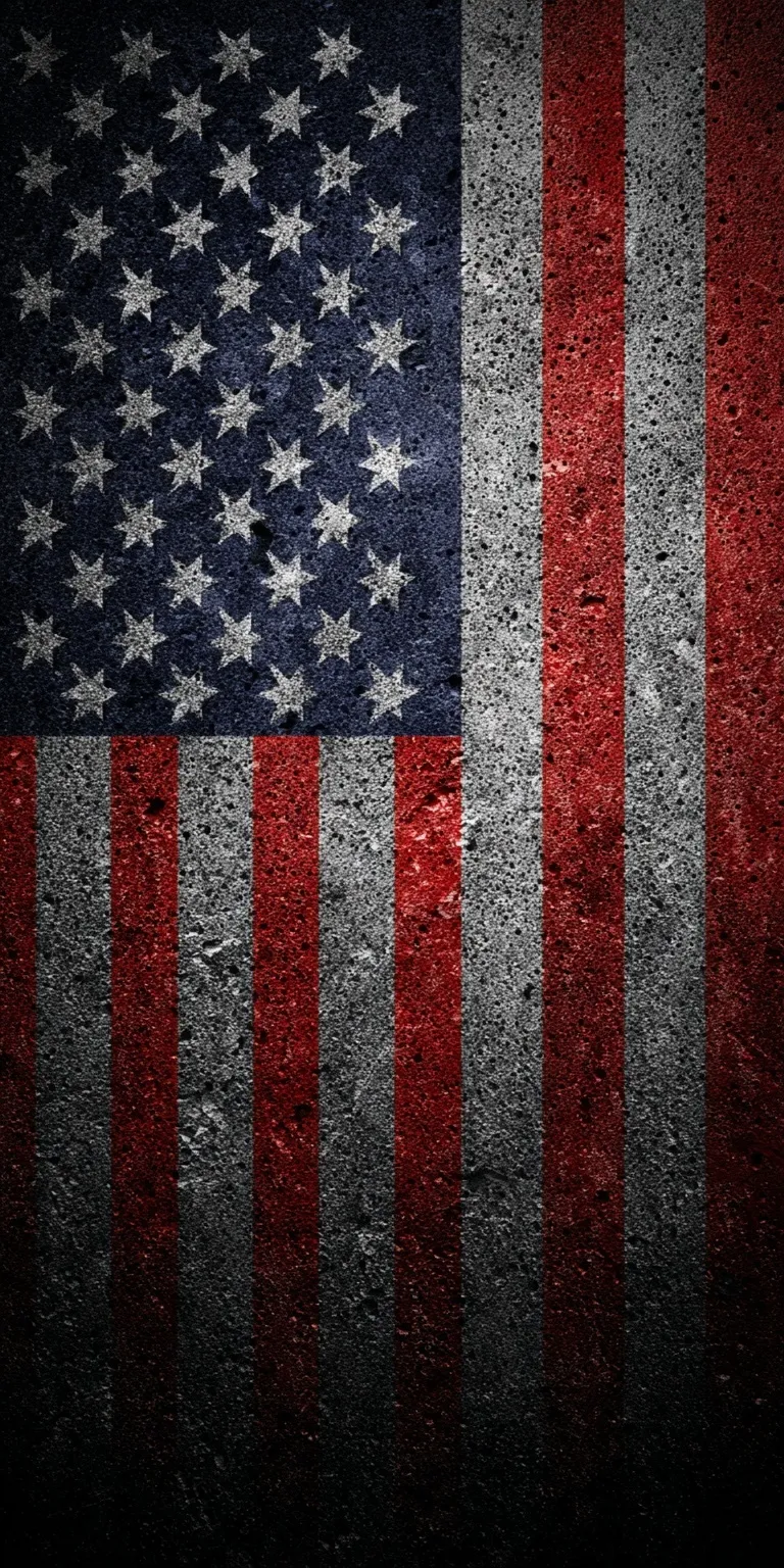 A vertically oriented, grunged American flag design in light grey on a solid black background.